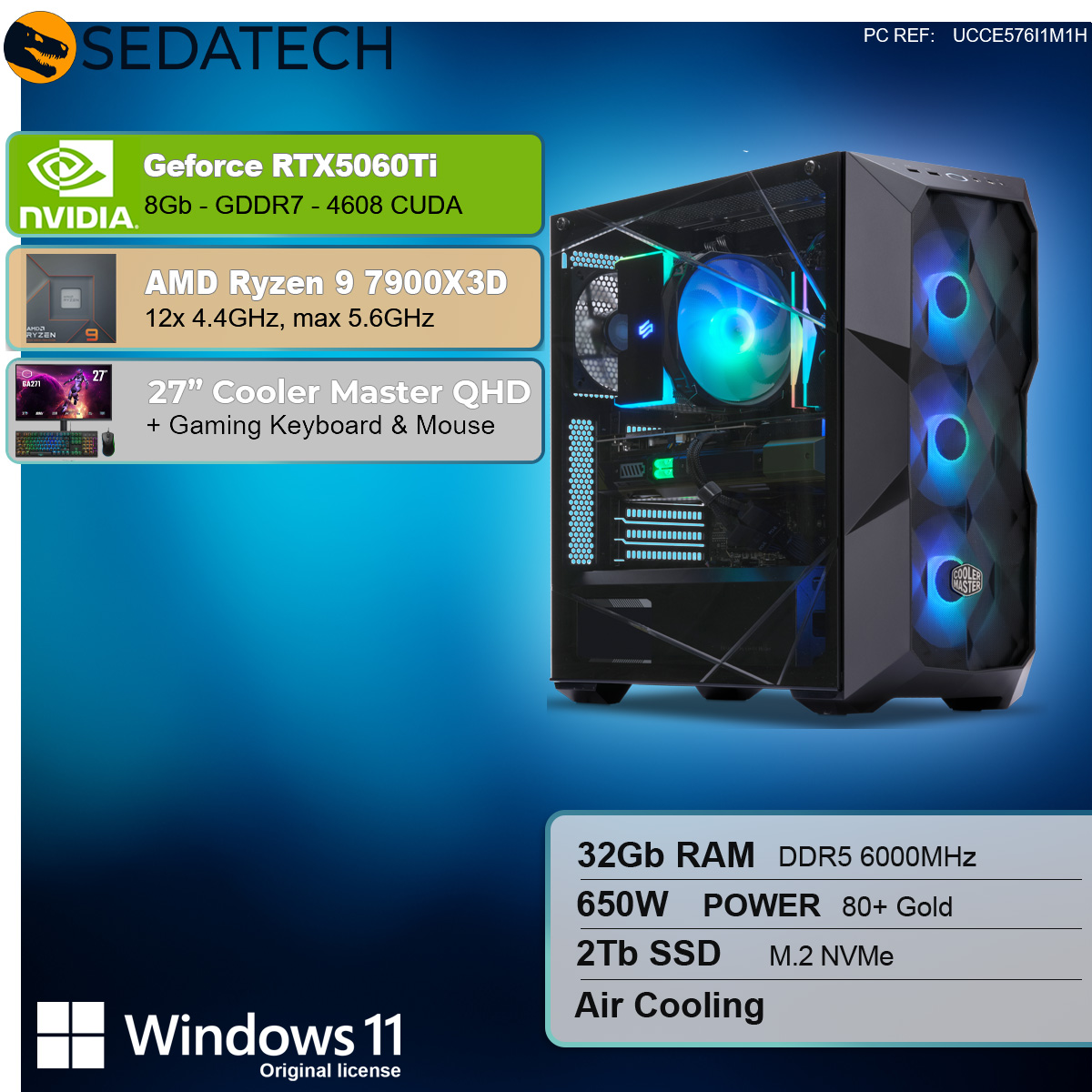 Obudowa komputera z komponentami, światłami i urządzeniami peryferyjnymi.