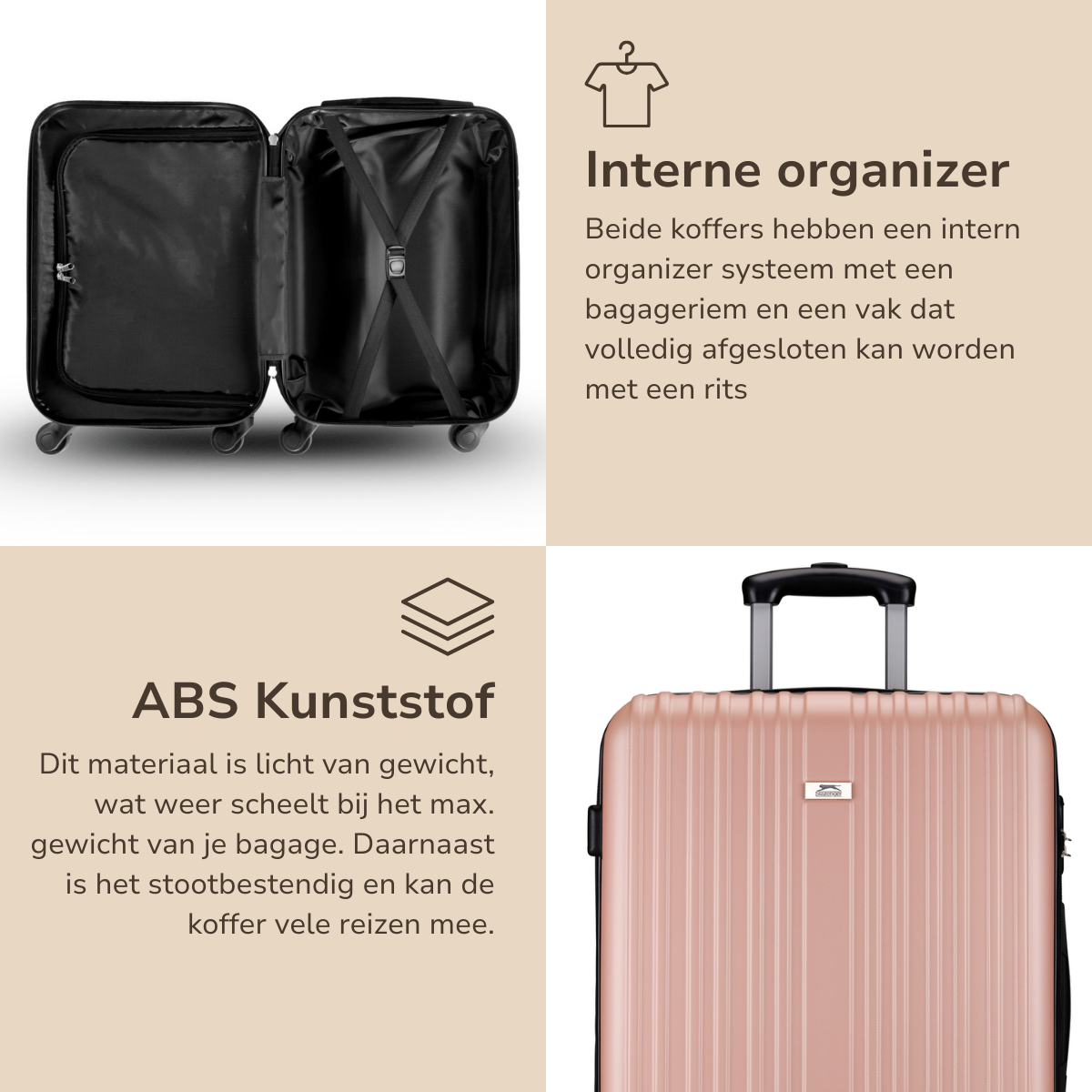 A pink suitcase with details of the interior and exterior.