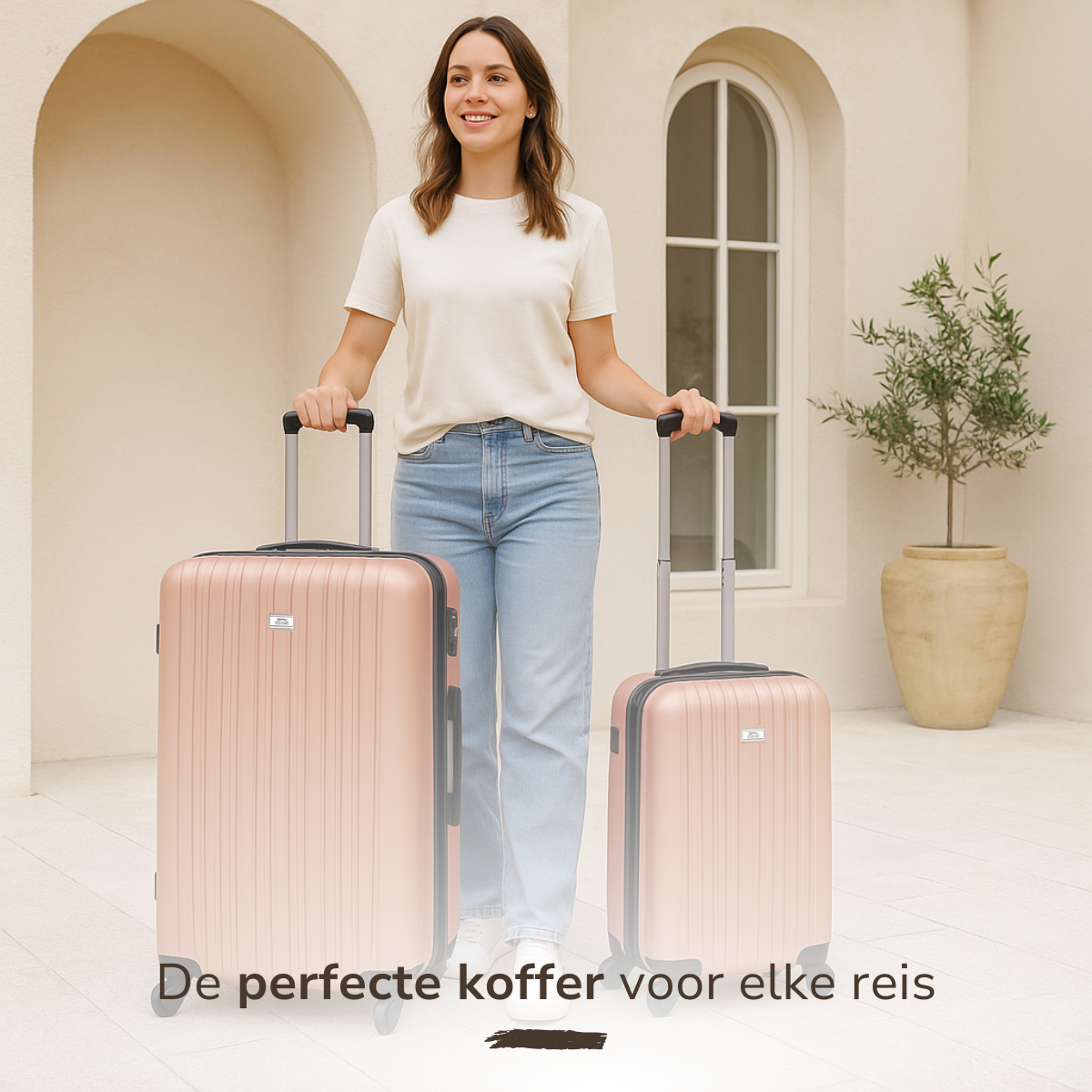 A woman stands with two rose gold suitcases. Text: The perfect suitcase for every trip.
