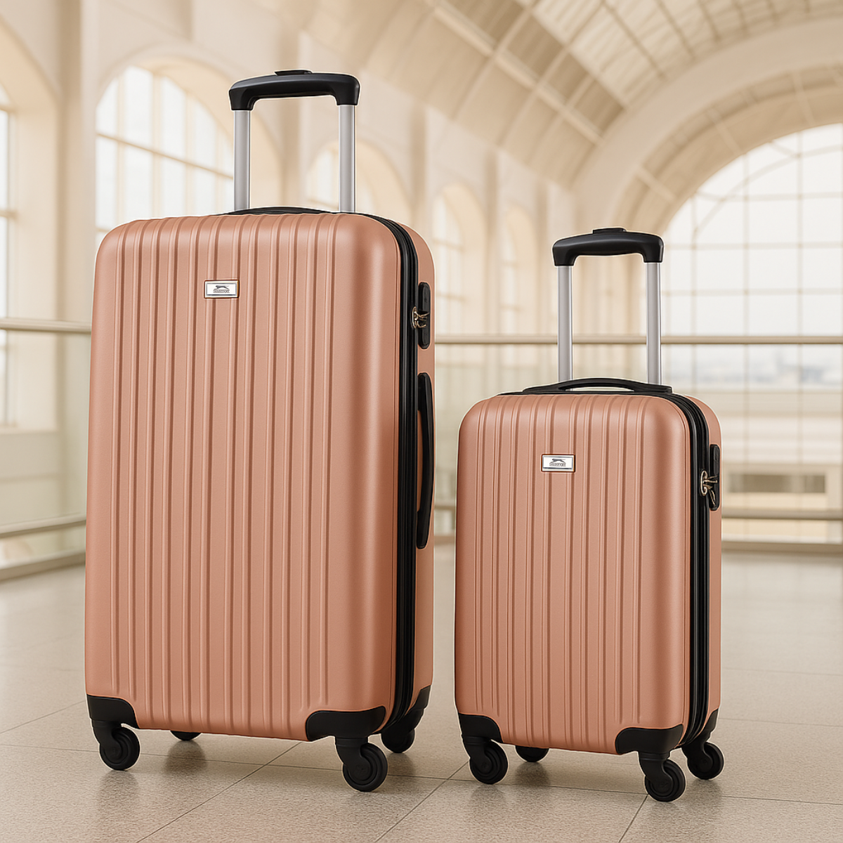 Two peach-colored suitcases with black handles and wheels. They are in a bright, open space.