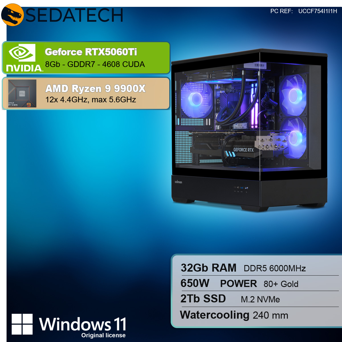 Un case per computer con GeForce RTX 5060Ti, AMD Ryzen 9 e raffreddamento a liquido.