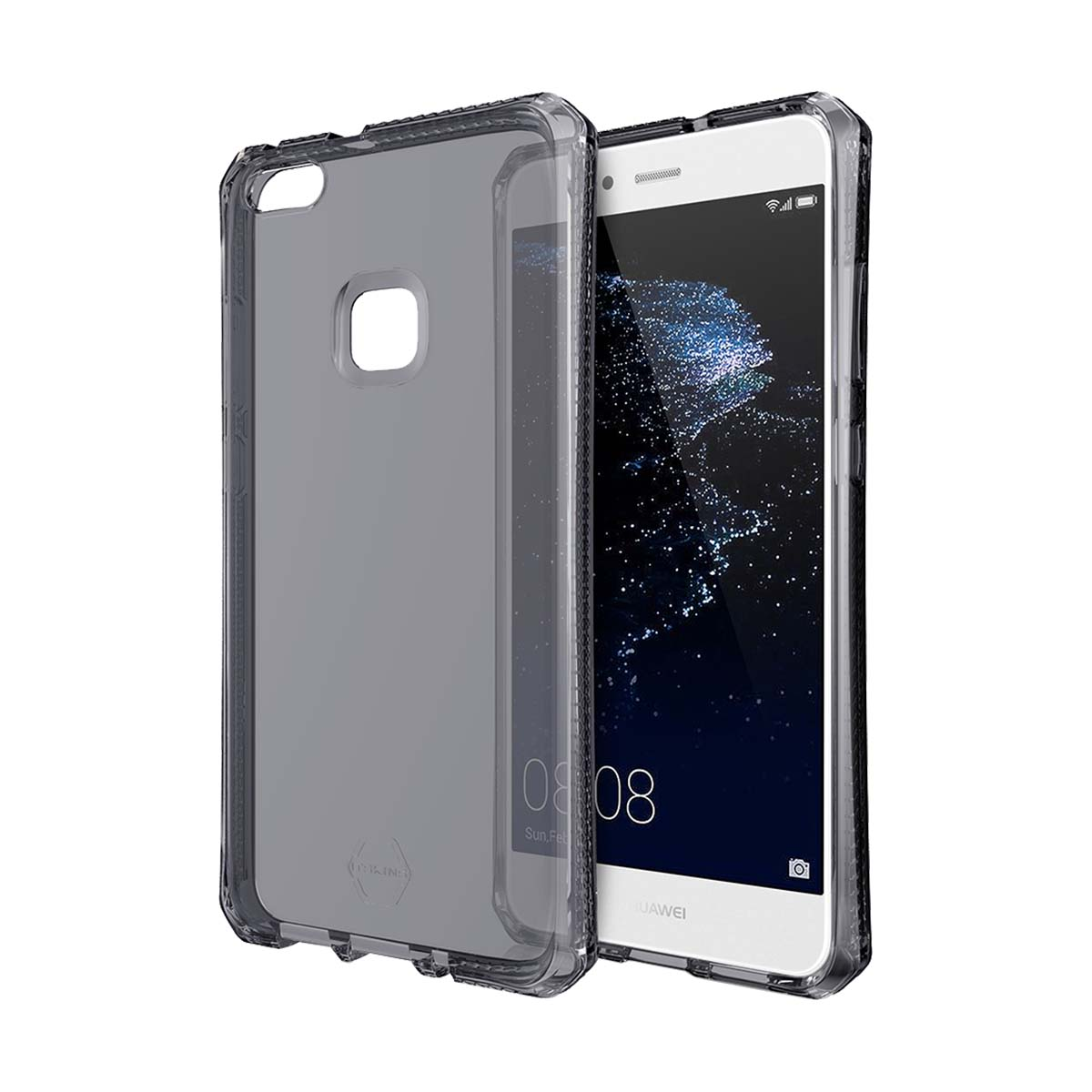 Teléfono gris en una funda transparente, otra funda y teléfono visibles. Pantalla blanca con un teléfono.
