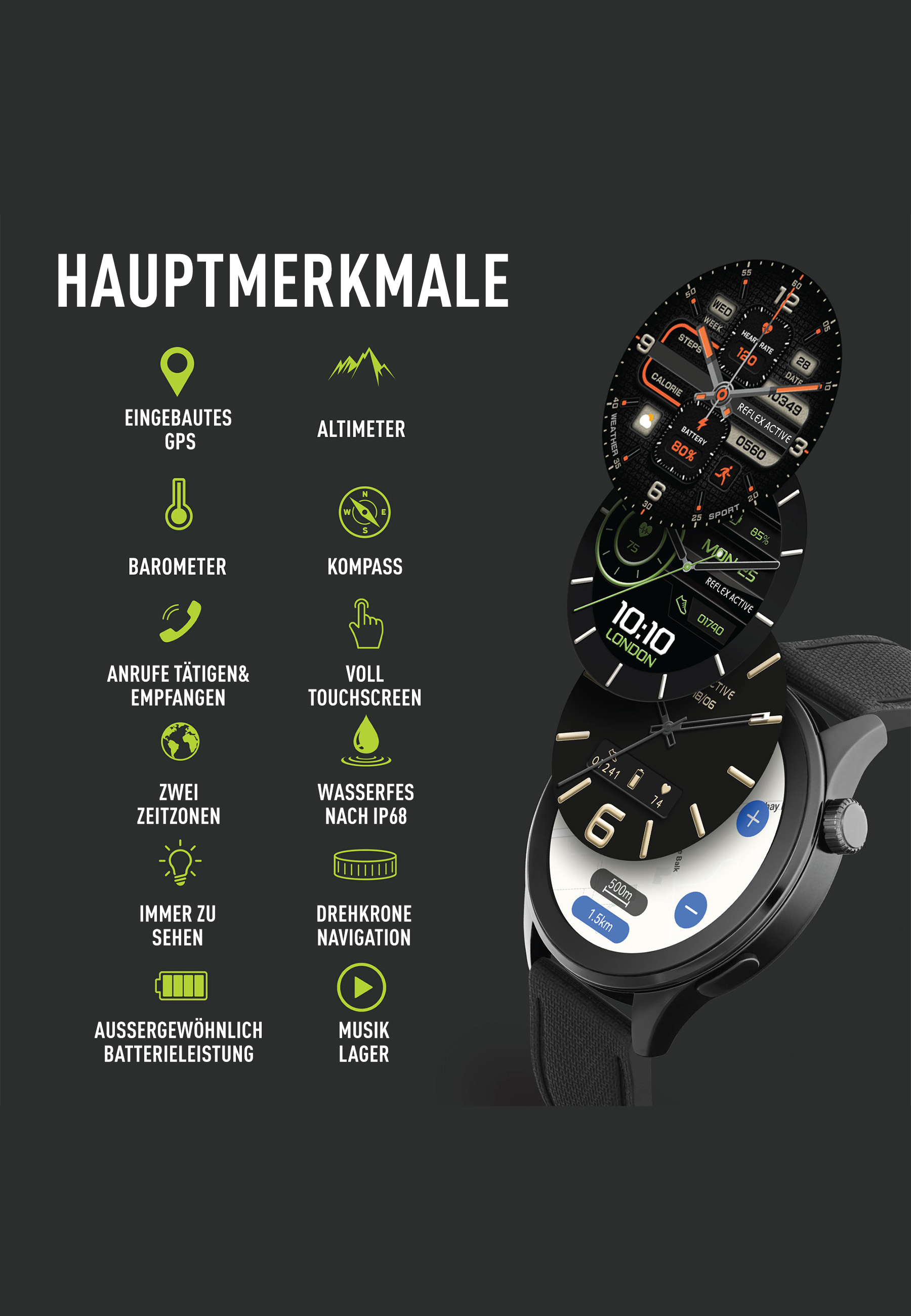 Smartwatch affichant divers écrans, avec icônes et texte, bracelet noir, sur fond vert foncé.
