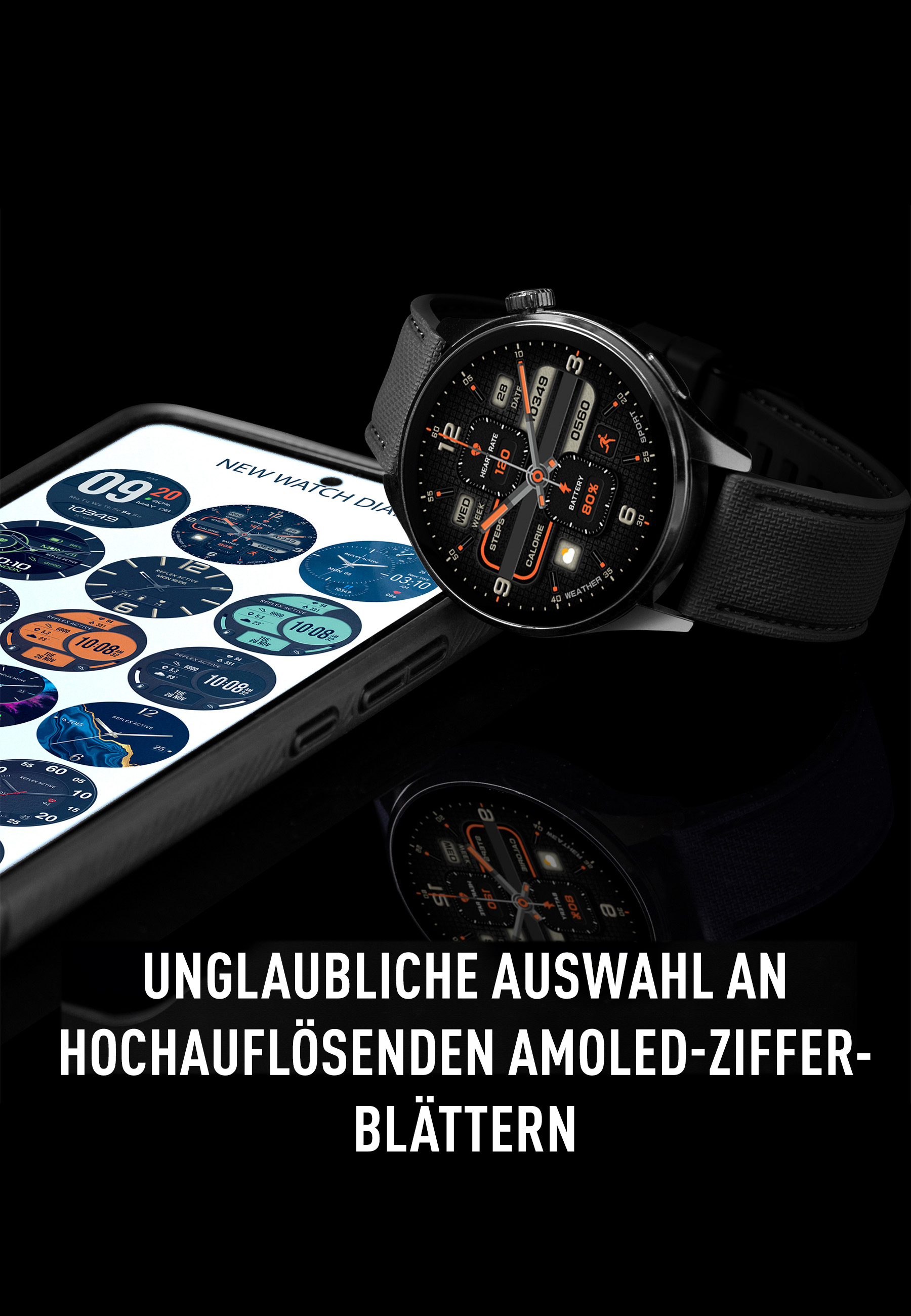 Smartwatch sur un smartphone avec cadrans. Fond noir. Texte : Incroyable sélection de cadrans AMOLED haute résolution.