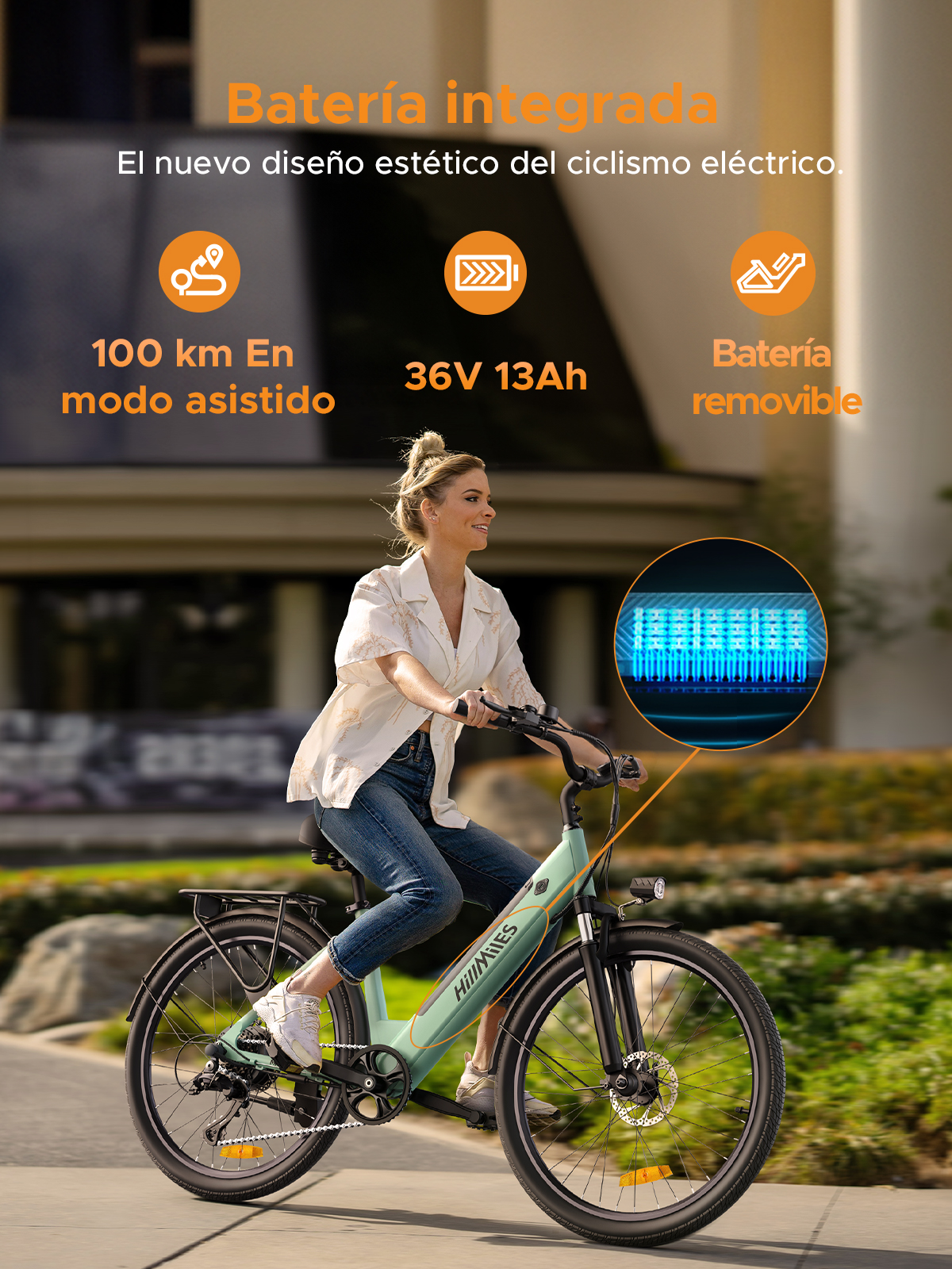 Mujer montando una bicicleta eléctrica verde. Texto en español sobre las características de la bicicleta es visible.