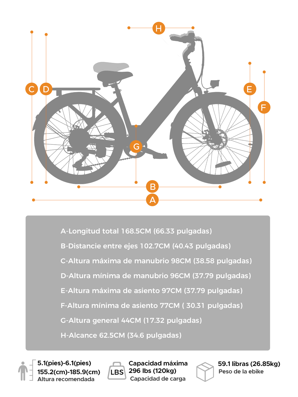 Diagrama de una bicicleta eléctrica con dimensiones y especificaciones etiquetadas.
