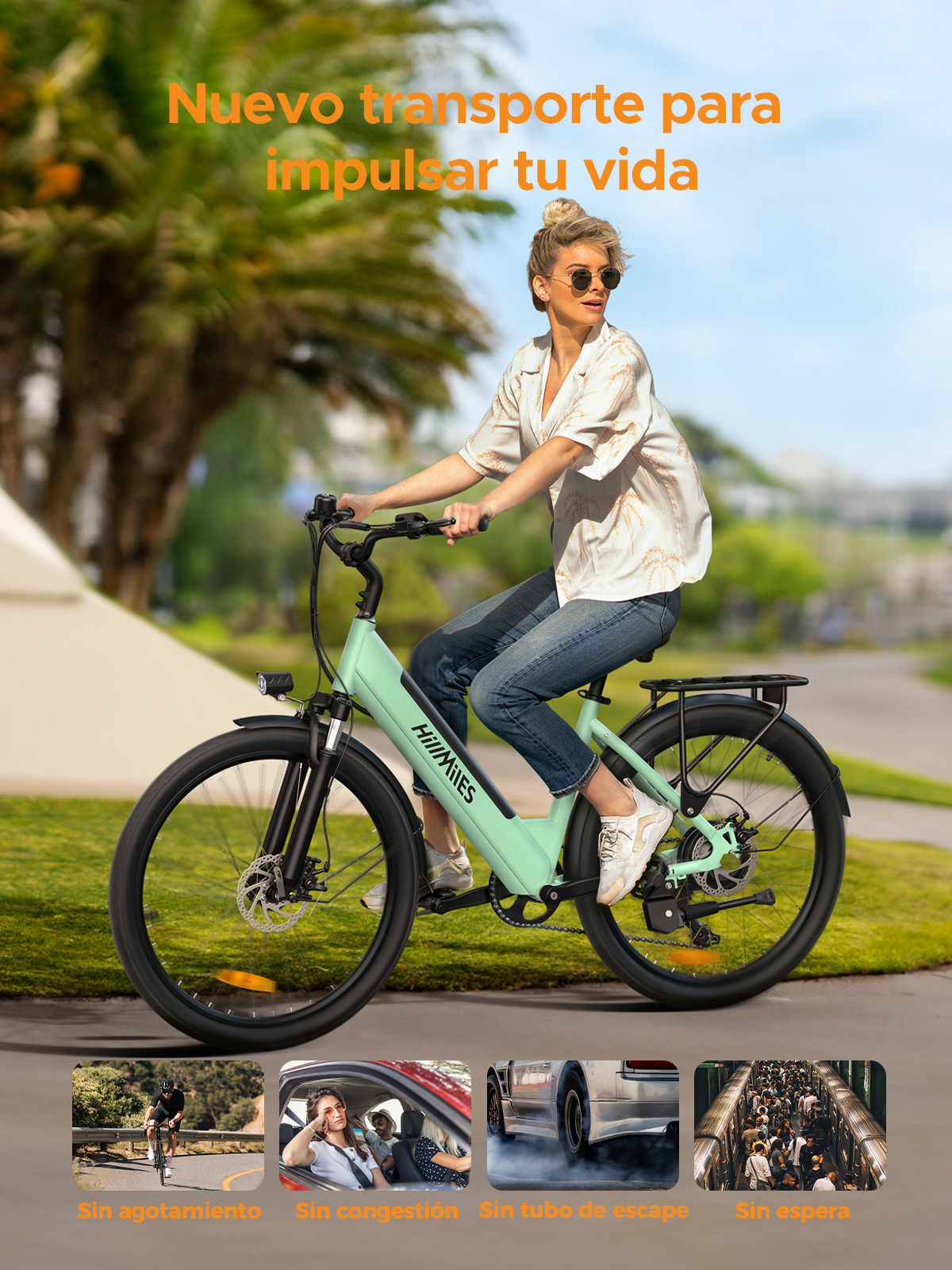 Mujer montando una bicicleta eléctrica verde en una carretera con texto sobre nuevas opciones de transporte.