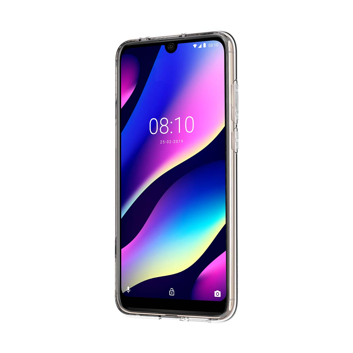 Smartphone in una custodia, che mostra l'ora e la data, e un'icona di blocco sullo schermo.