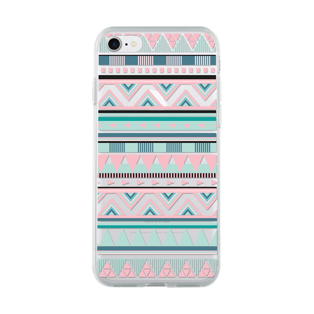 Una custodia per telefono con un design geometrico colorato, su sfondo bianco.