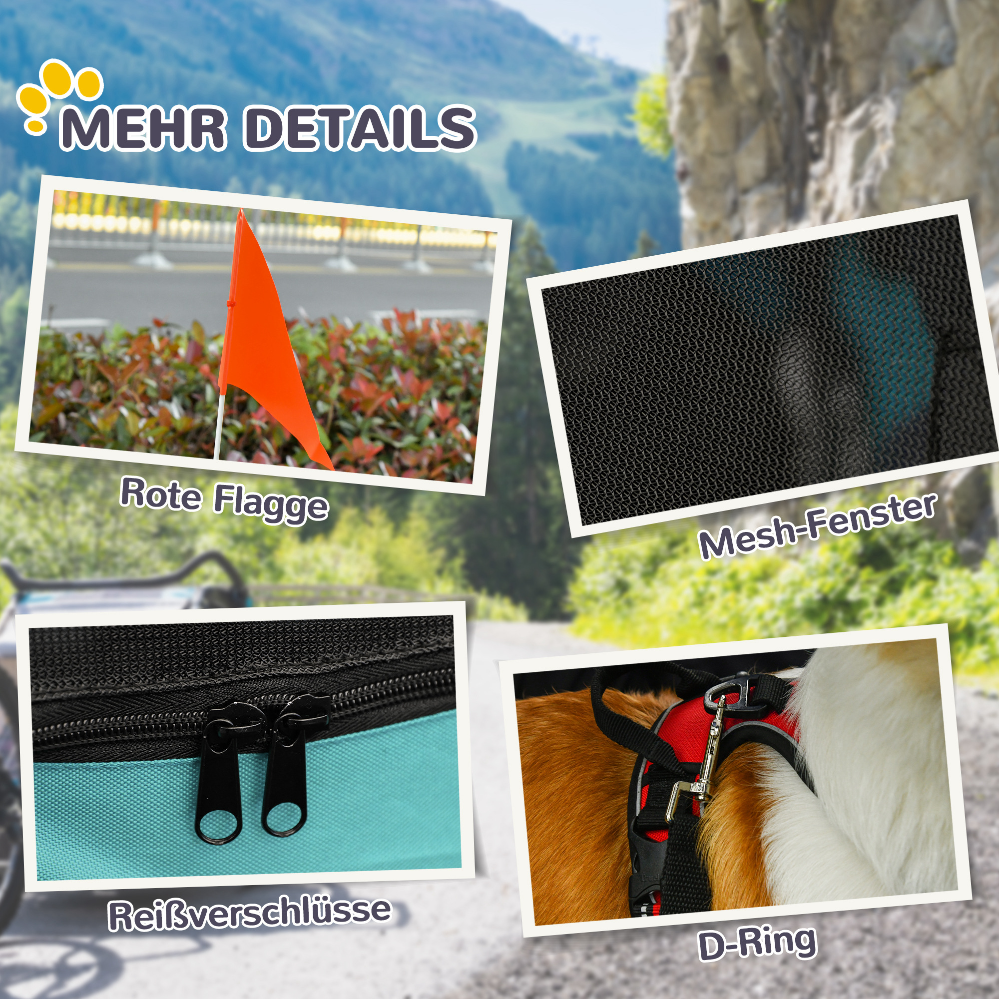 Nahaufnahmen einer roten Flagge, eines Mesh-Fensters, Reißverschlüssen und eines D-Rings, alles in einer Collage.