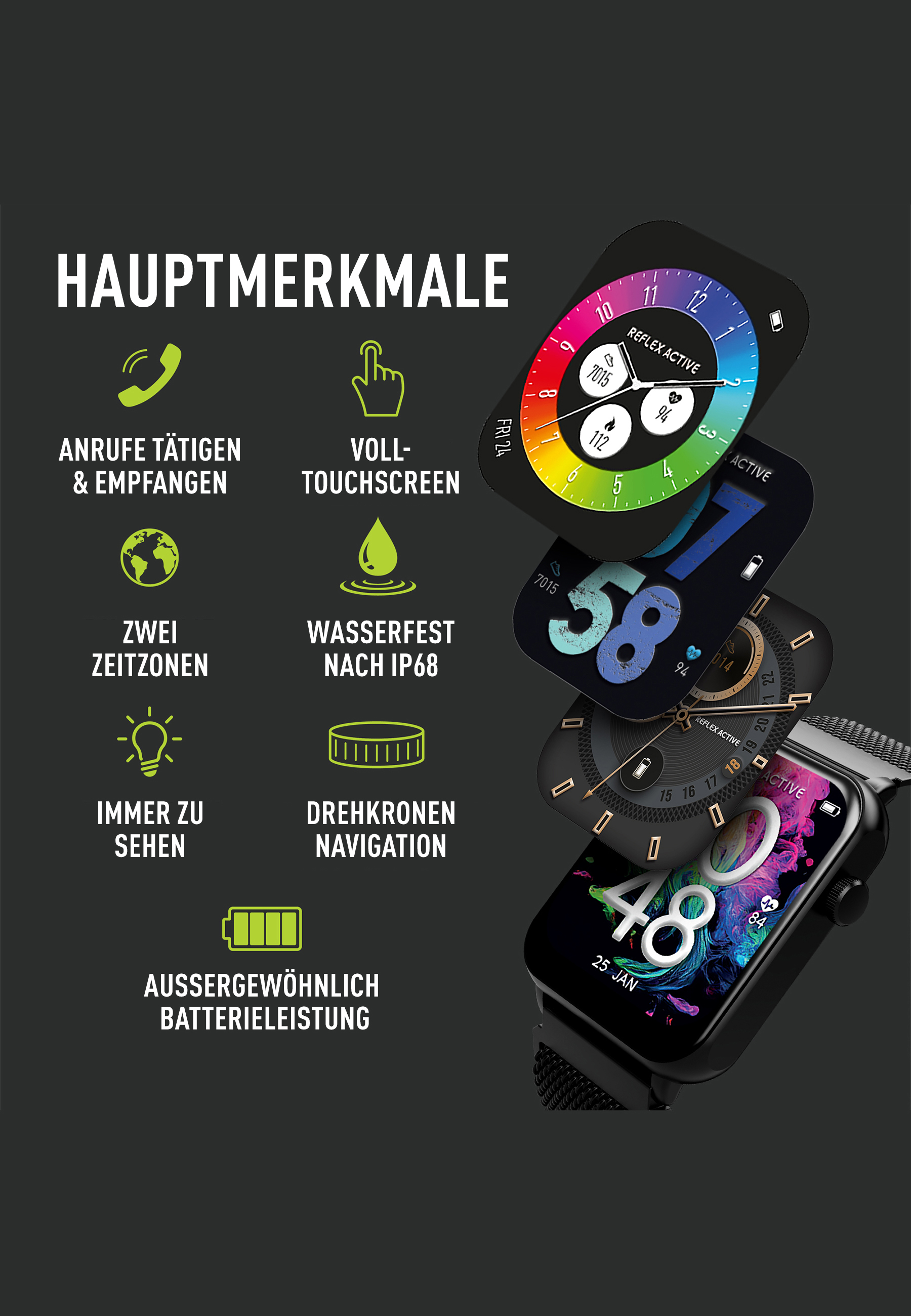 Une montre intelligente avec plusieurs écrans d'interface affichés.