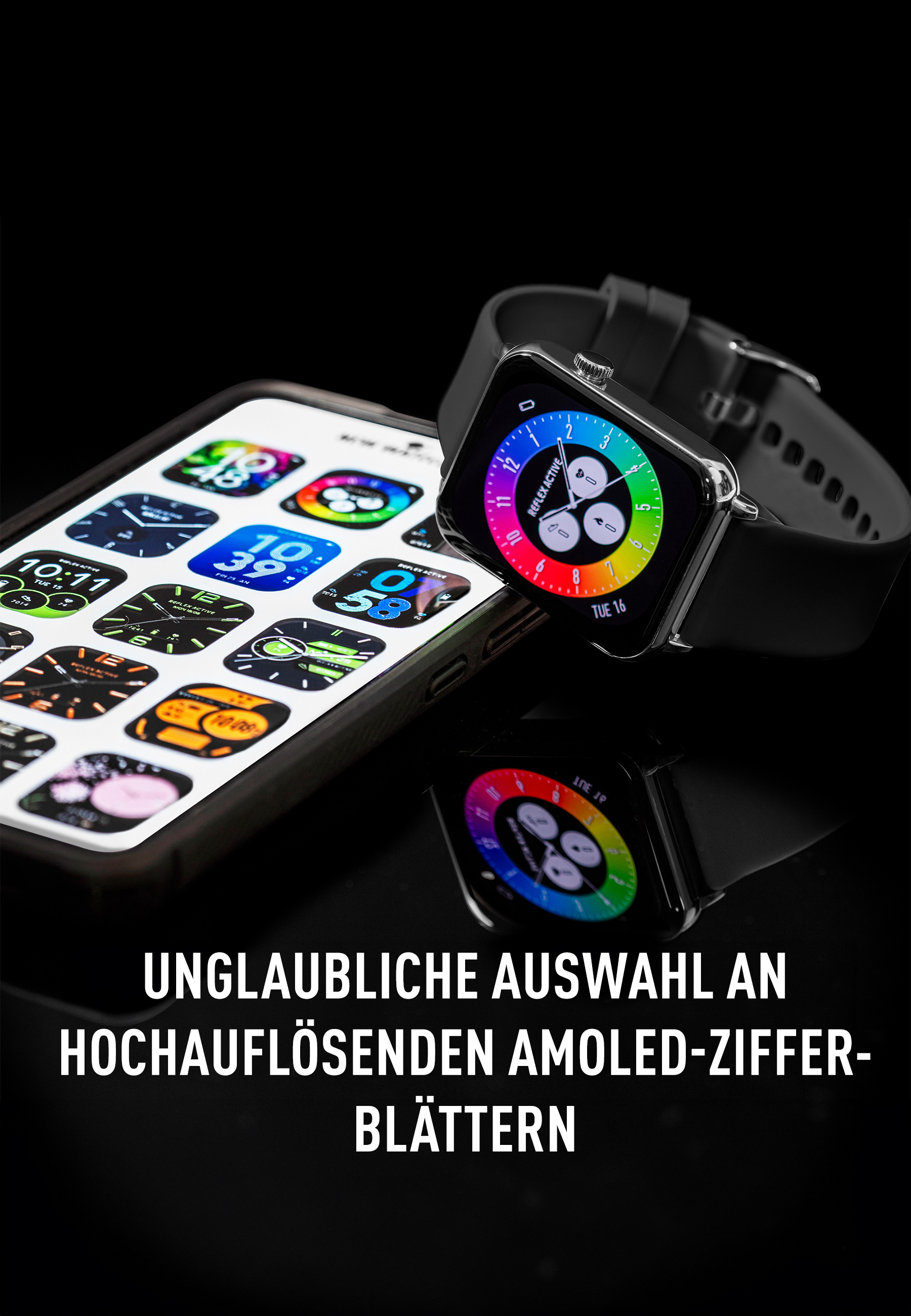 Smartwatch sur un téléphone avec plusieurs cadrans affichés. Fond noir.