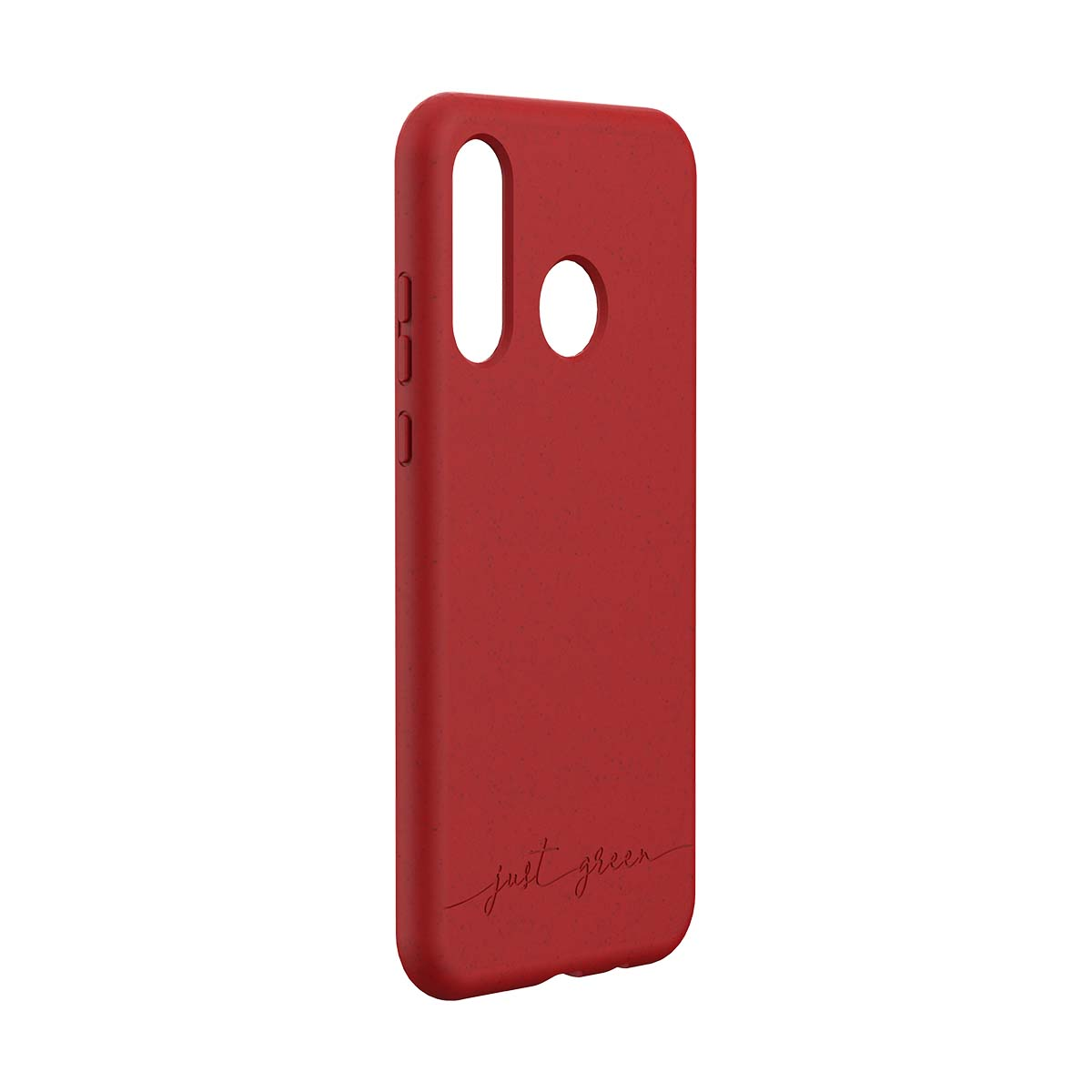 Custodia rossa per telefono con foro per la fotocamera e logo Just Green.