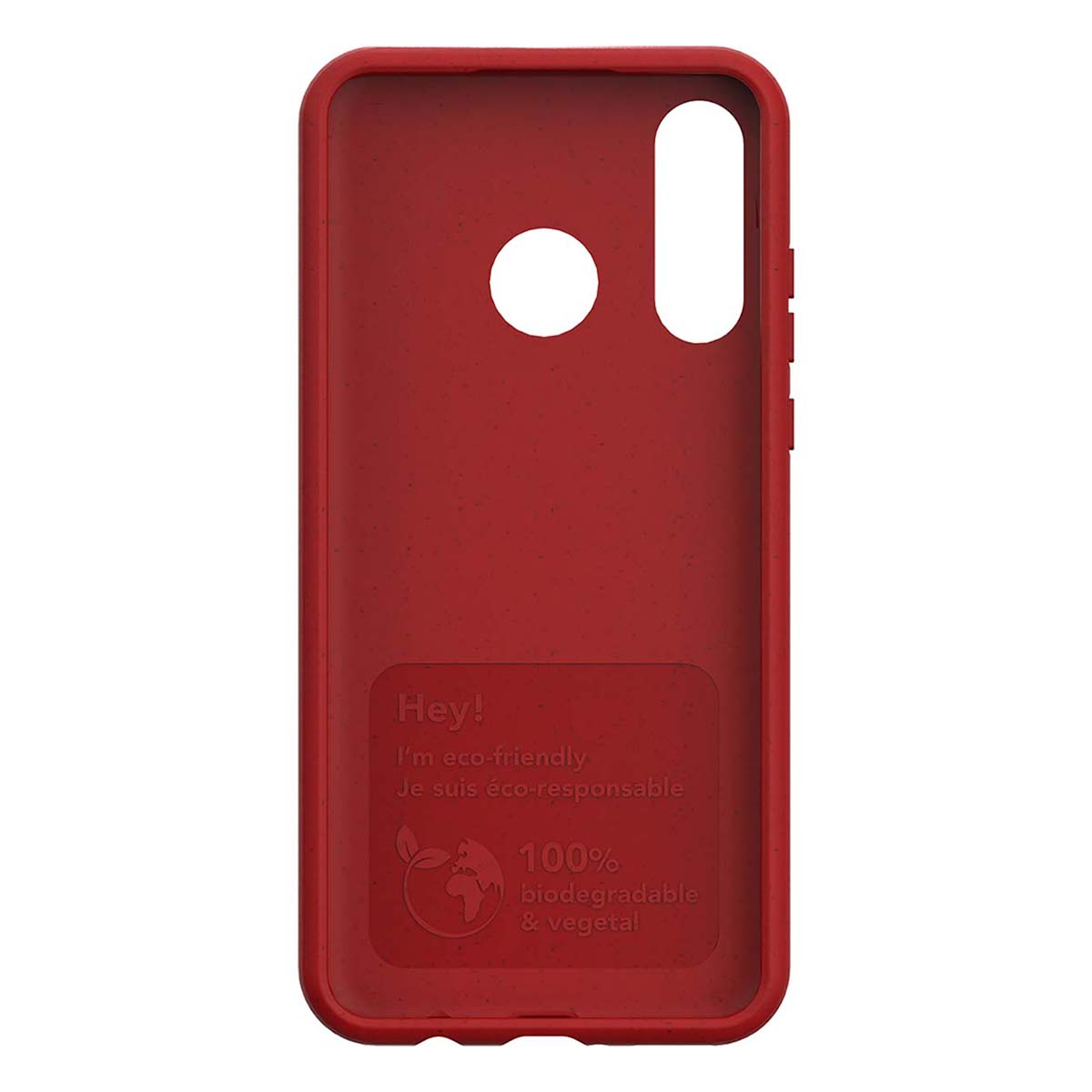Custodia per telefono rossa con foro per la fotocamera e un messaggio.