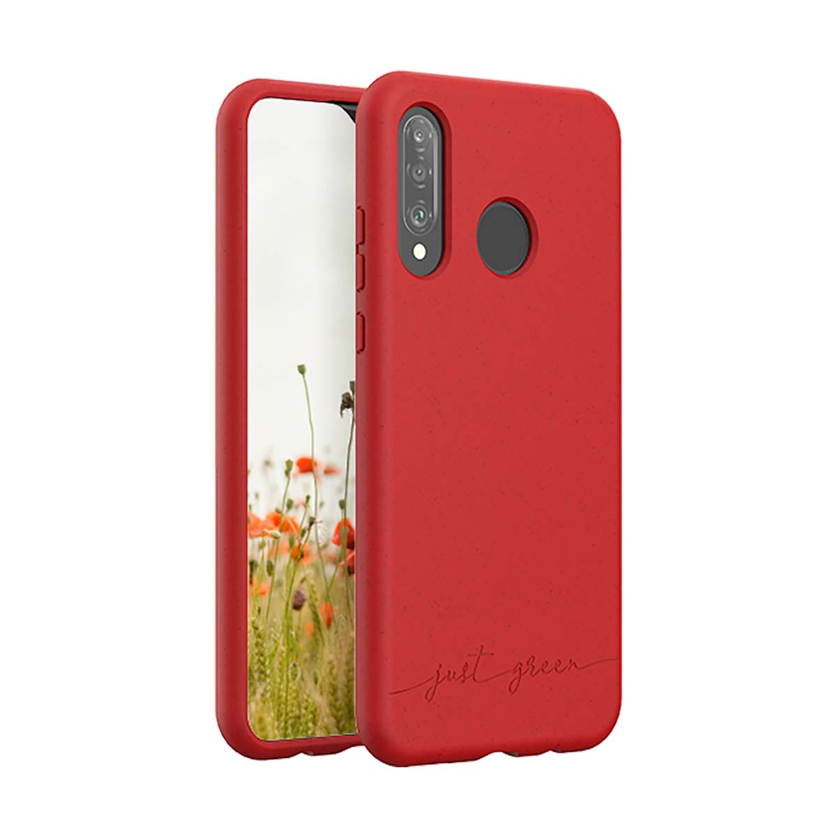 Custodia rossa per telefono con telefono, modulo fotocamera e pulsanti, testo 'just green'.