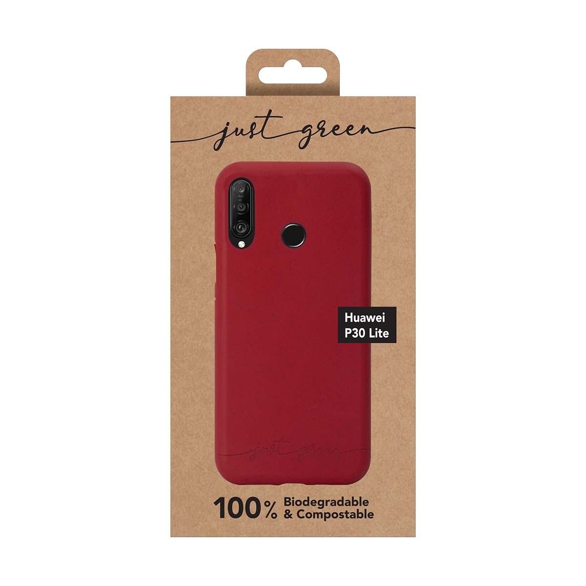 Una custodia per telefono rossa in una scatola di cartone, con il marchio e il modello del telefono.