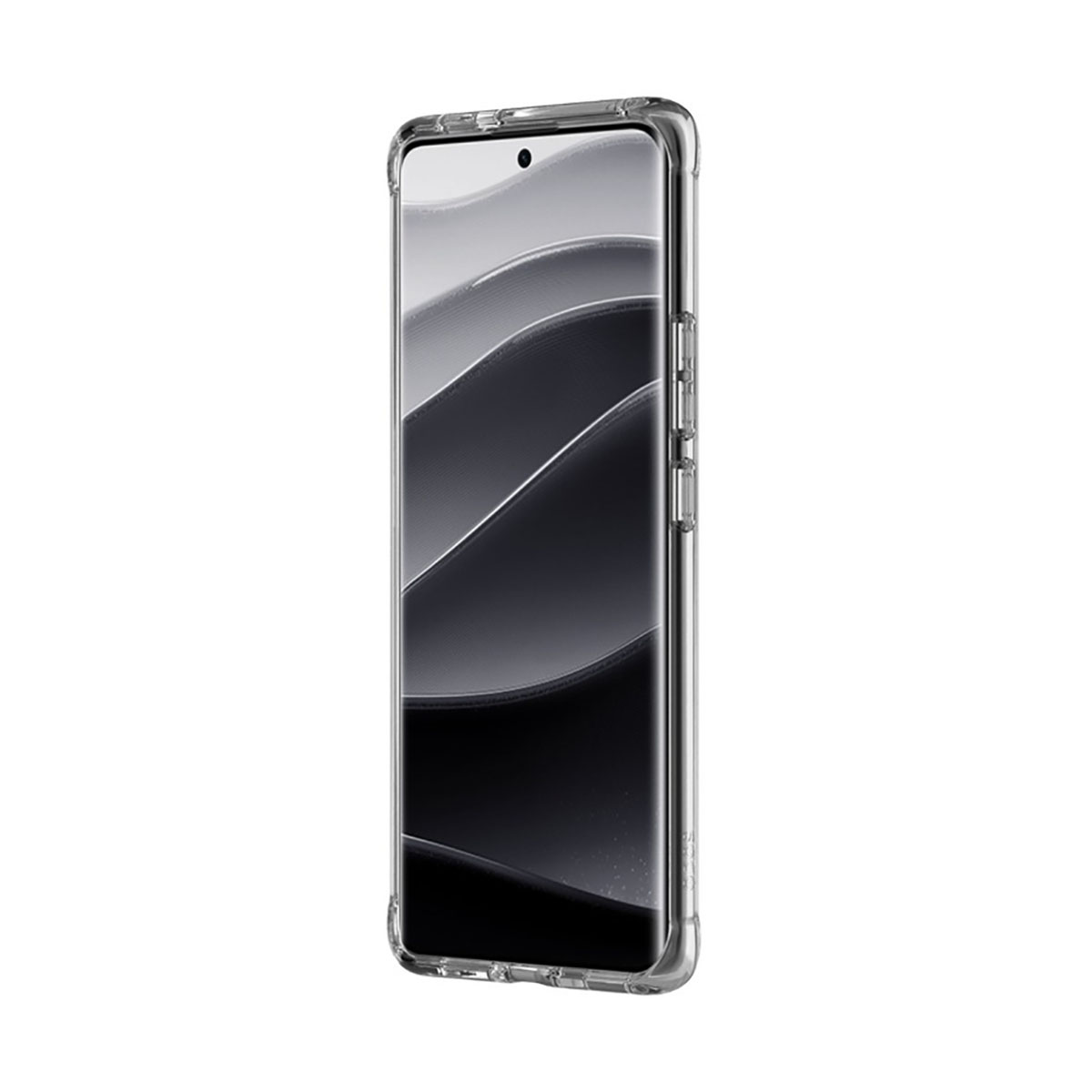 Ein Smartphone in einer transparenten Schutzhülle. Der Bildschirm zeigt ein wellenförmiges, abstraktes Schwarz-Weiß-Bild.