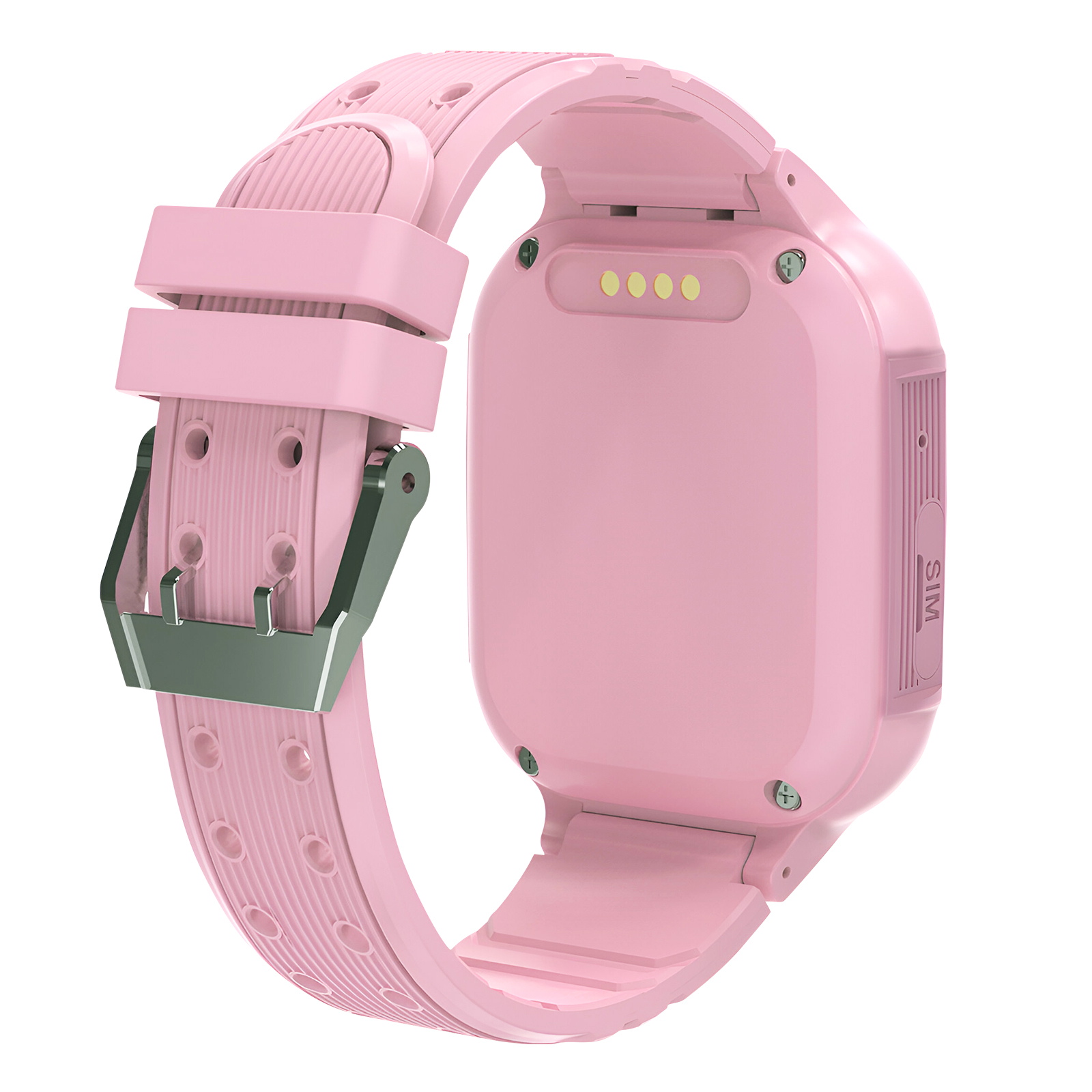 Różowy smartwatch, widok z tyłu, z paskiem i klamrą, na białym tle.