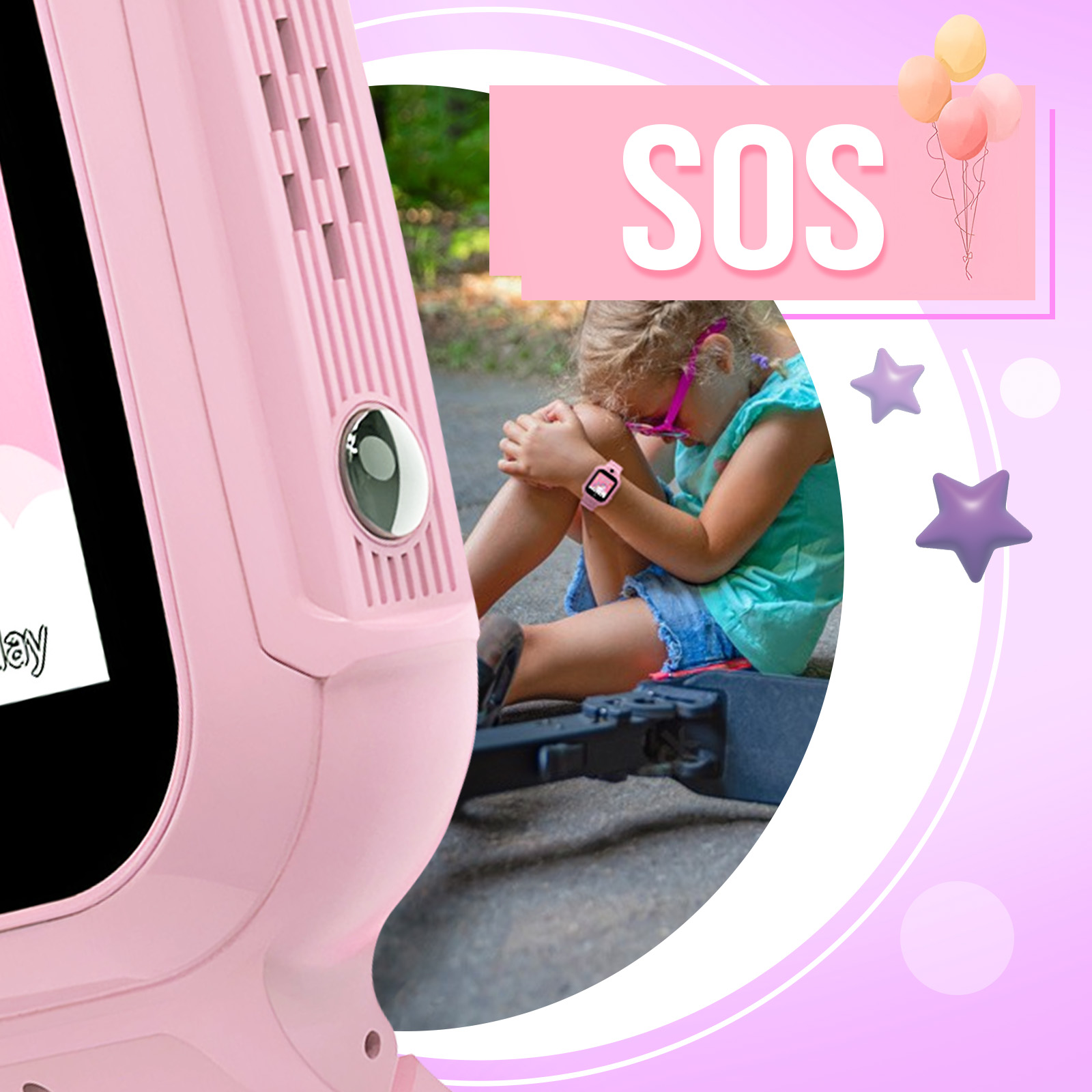 Dziecko siedzące na zewnątrz, z różowym smartwatchem i słowem SOS.