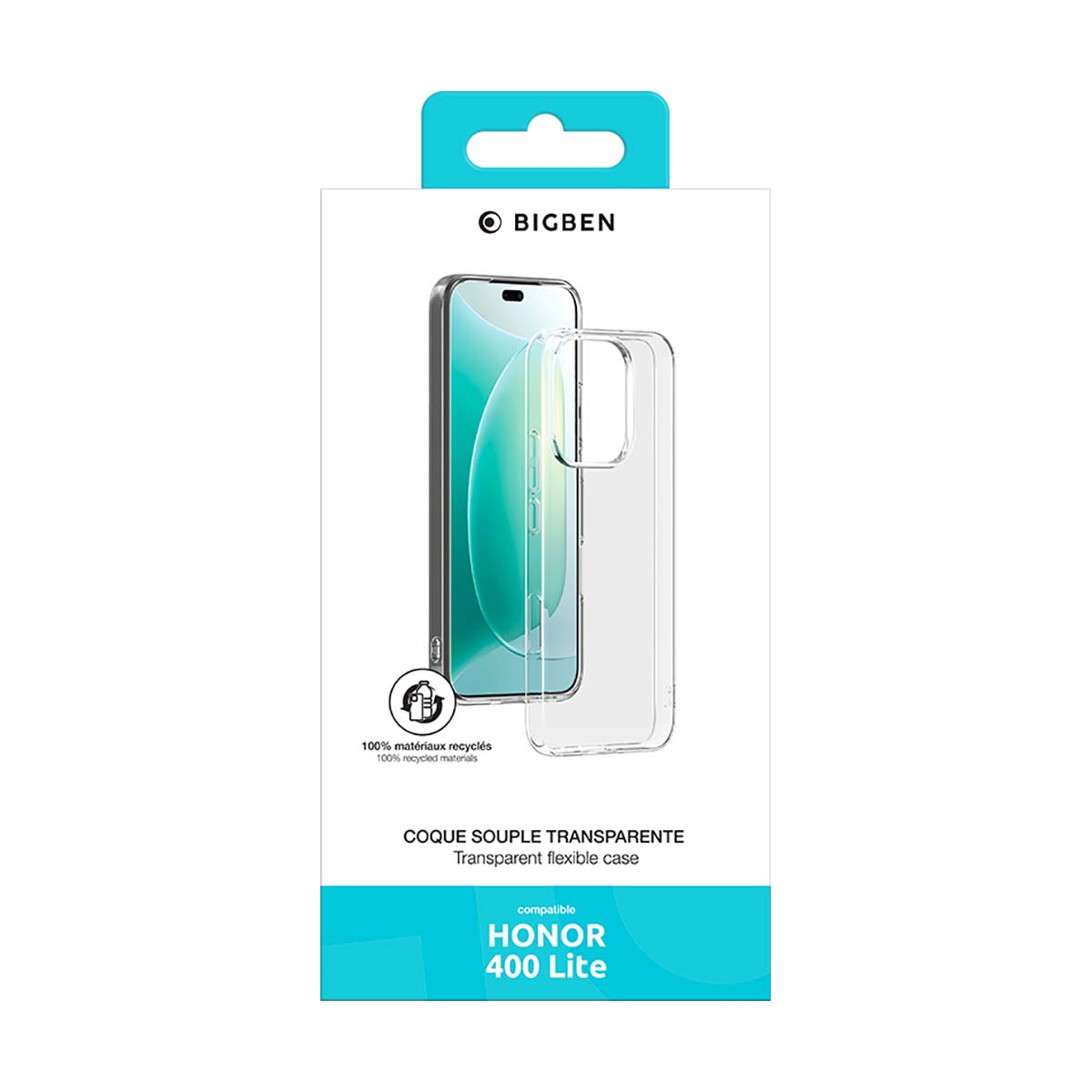 Una scatola per custodie telefoniche per Honor 400 Lite. La custodia è trasparente e flessibile. La scatola è bianca.