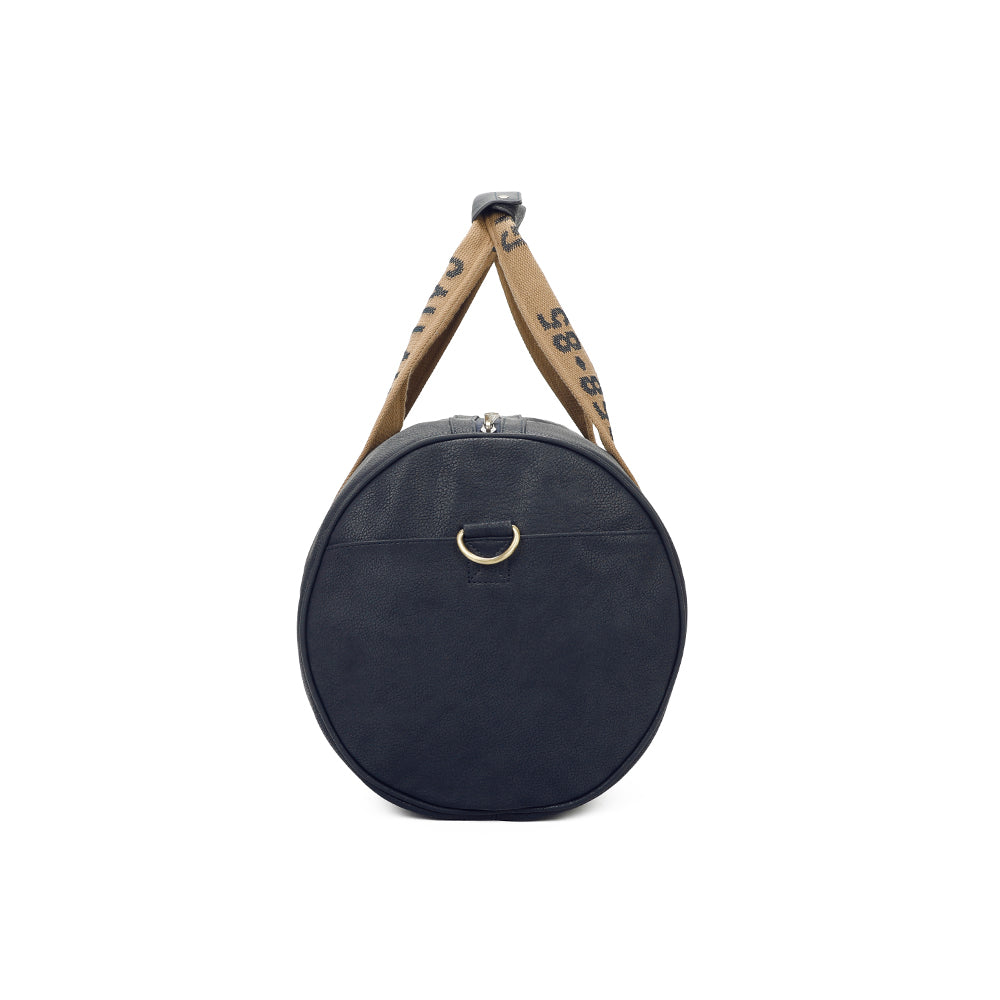 Schwarze Reisetasche mit braunen Trägern. Die Tasche ist zylindrisch.