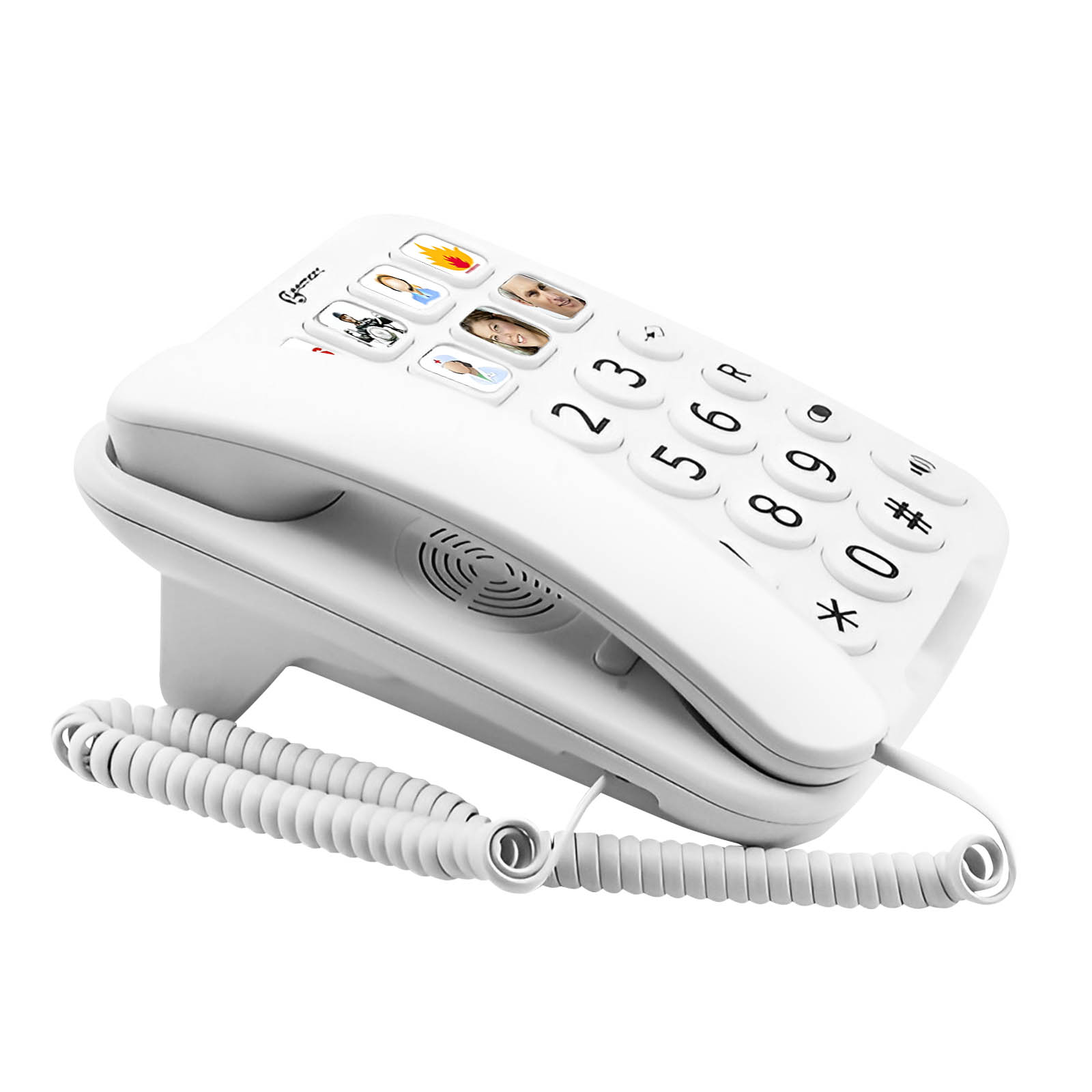 Weißes Telefon mit großen Tasten. Mit Kabel, mit Bildern von Personen über den Tasten.