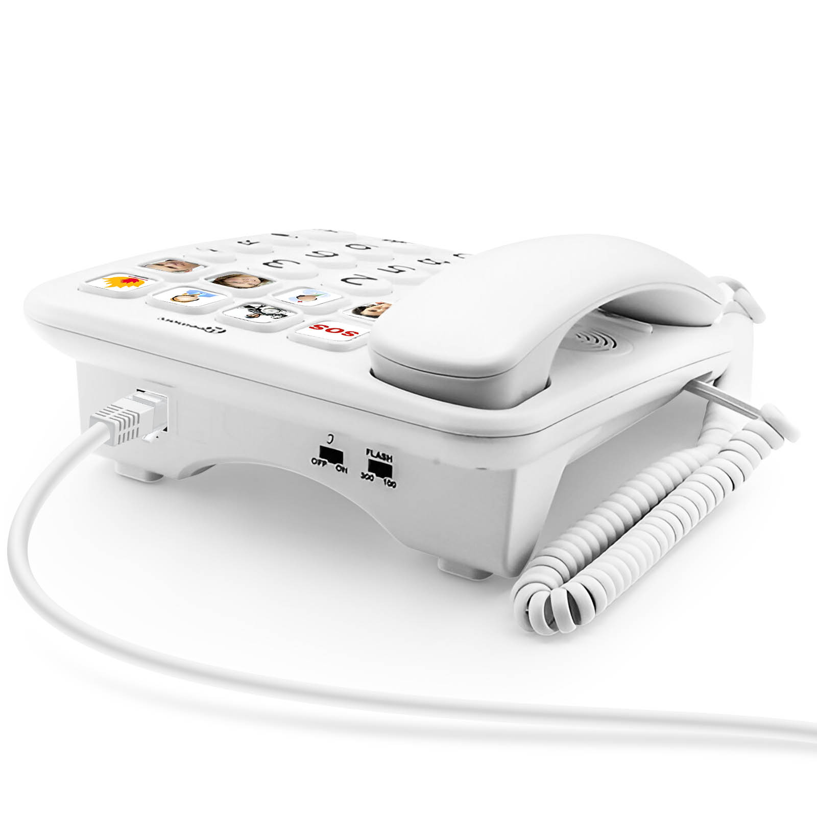 Weißes Festnetztelefon mit großen Tasten und Spiralschnur, auf weißer Oberfläche.