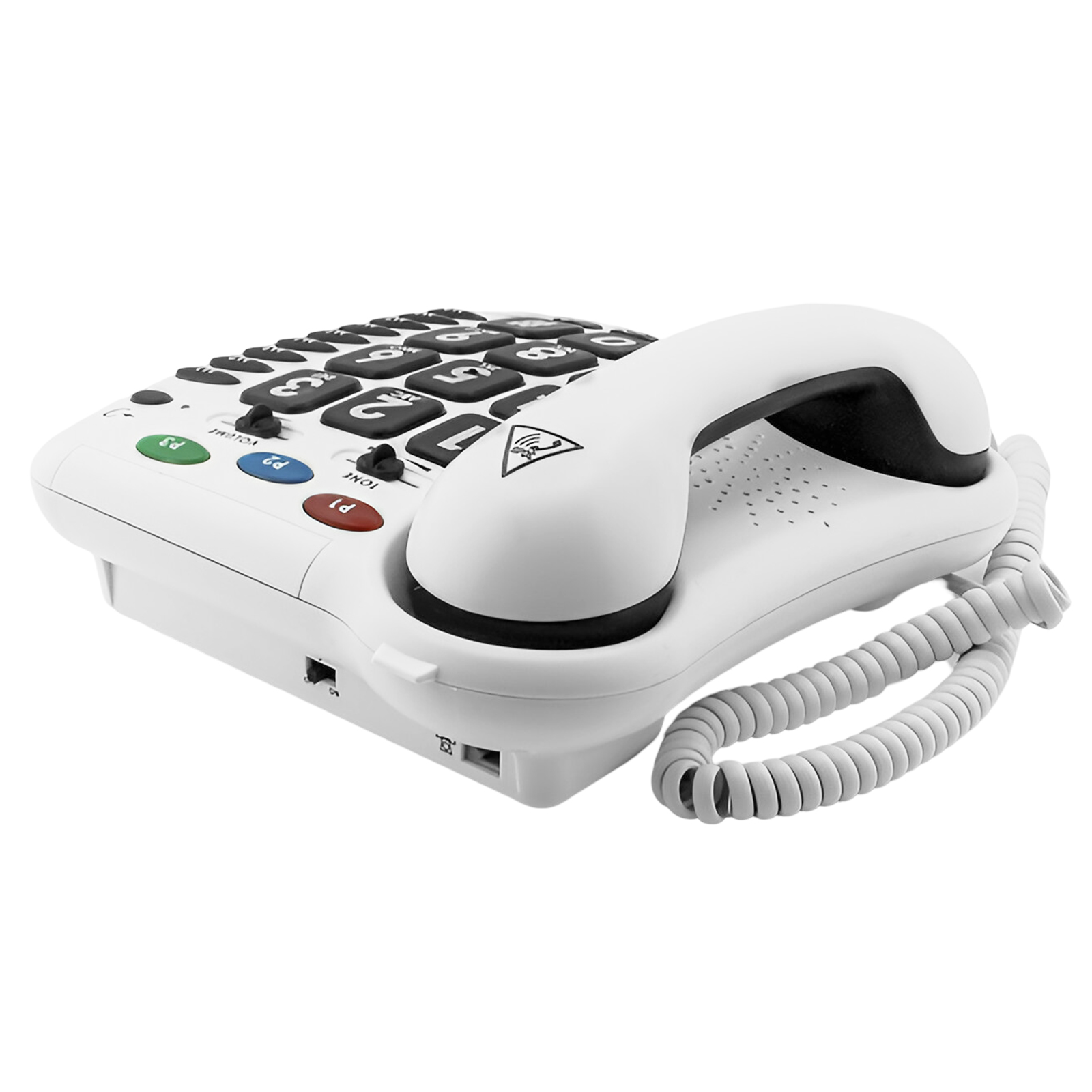Weißes Festnetztelefon mit großen Tasten, einem weißen Hörer und einem Spiralkabel.