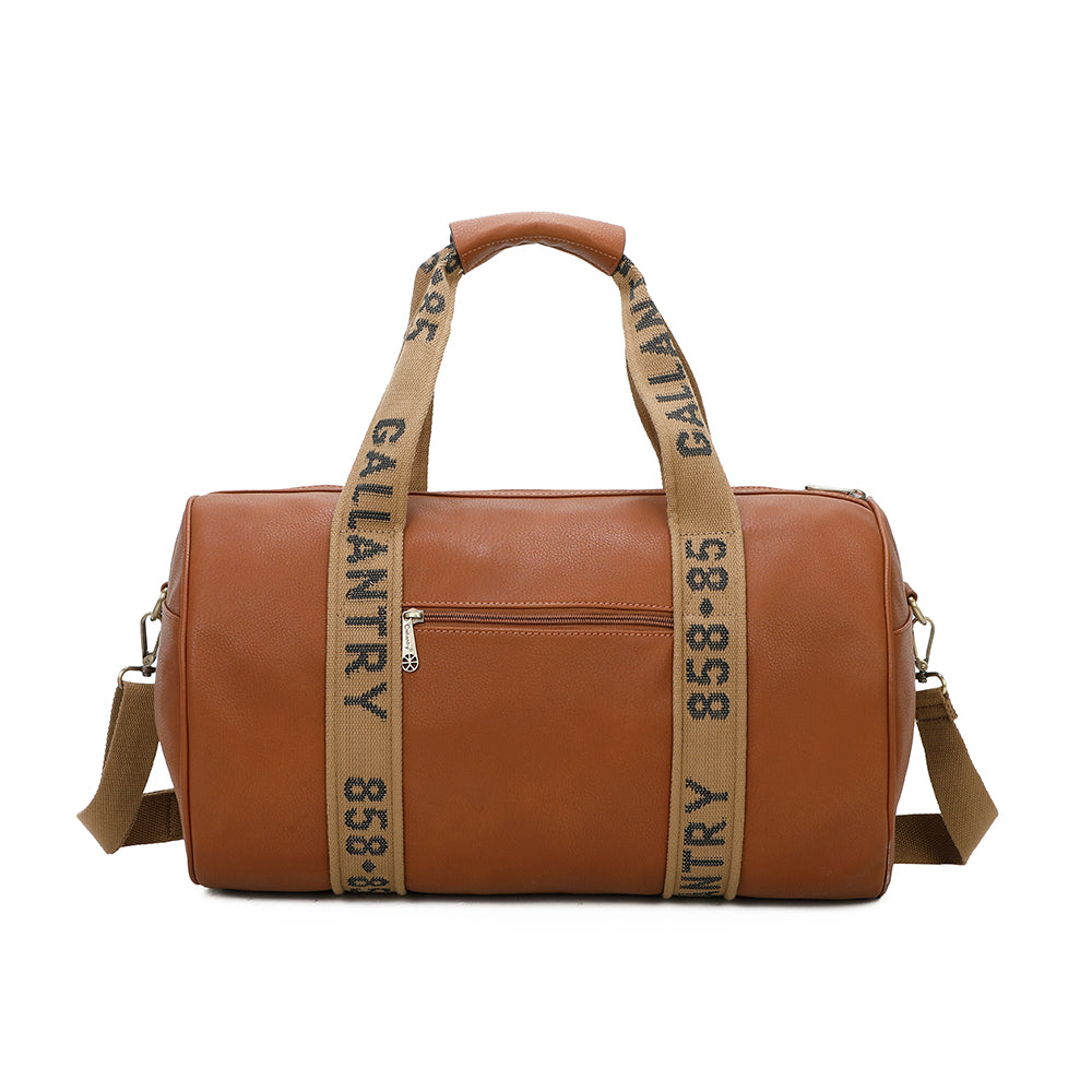 Braune Ledertasche mit braunen Riemen, auf denen „GALLANTRY 858-85“ steht.