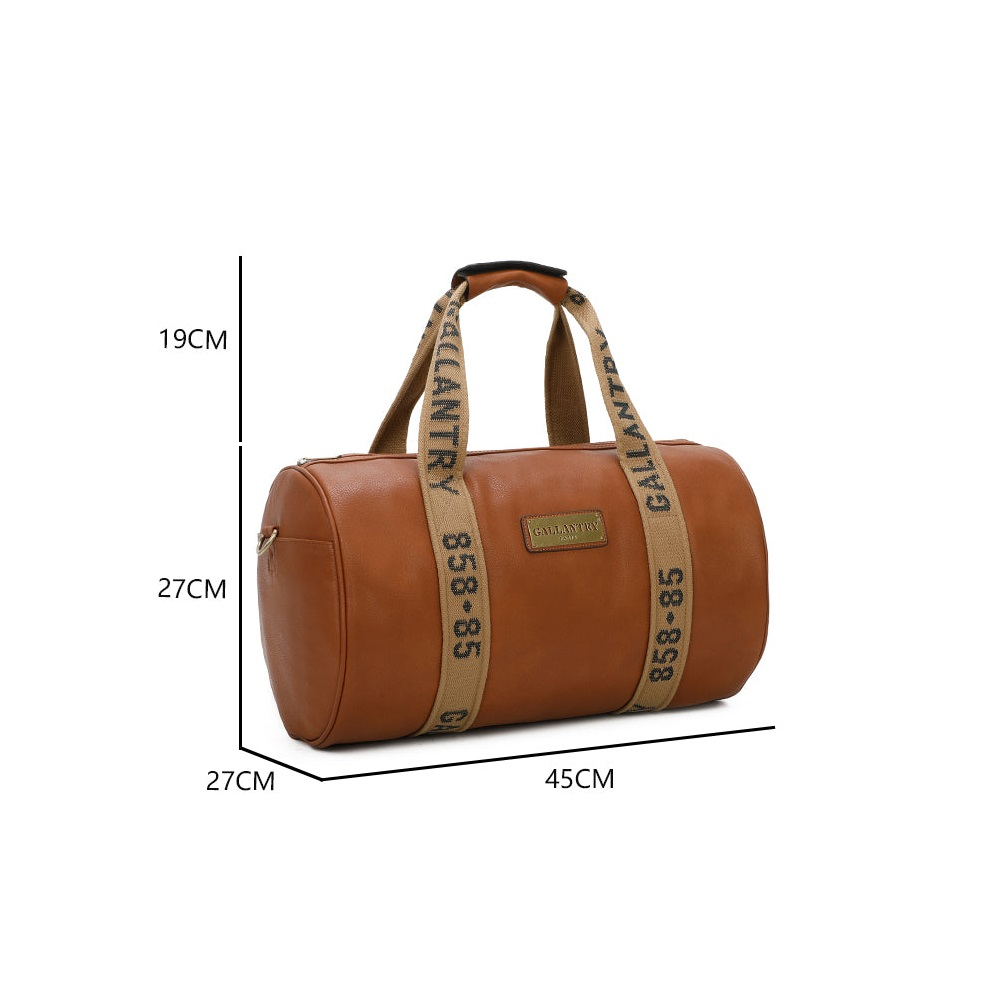 Braune Ledertasche mit Griffen. Text: GANTRI 858-85. Weißer Hintergrund.