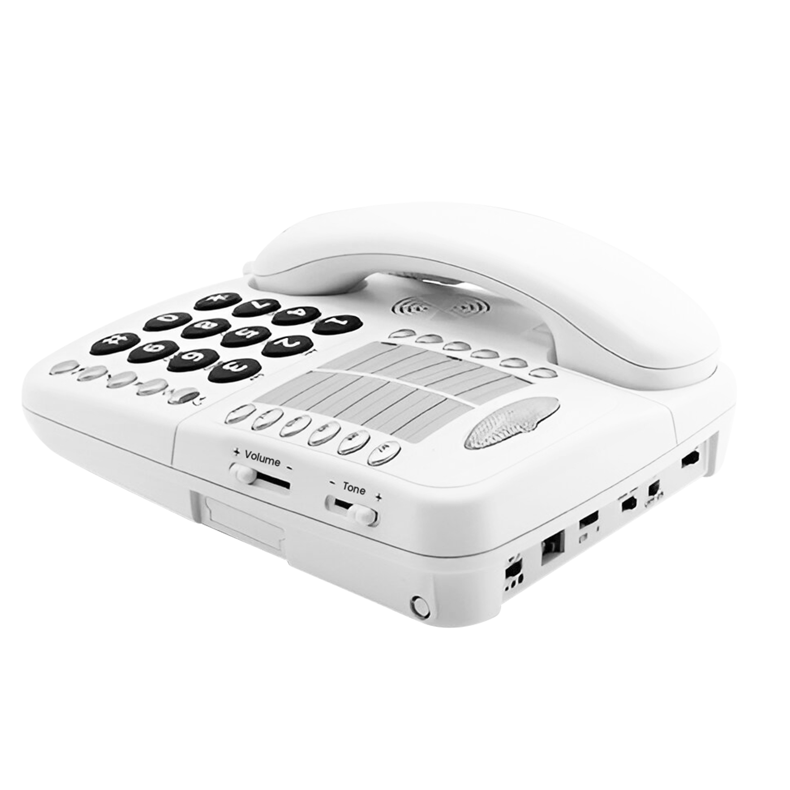 Ein weißes Festnetztelefon mit schwarzen Tasten und einer Halterung für den Hörer.