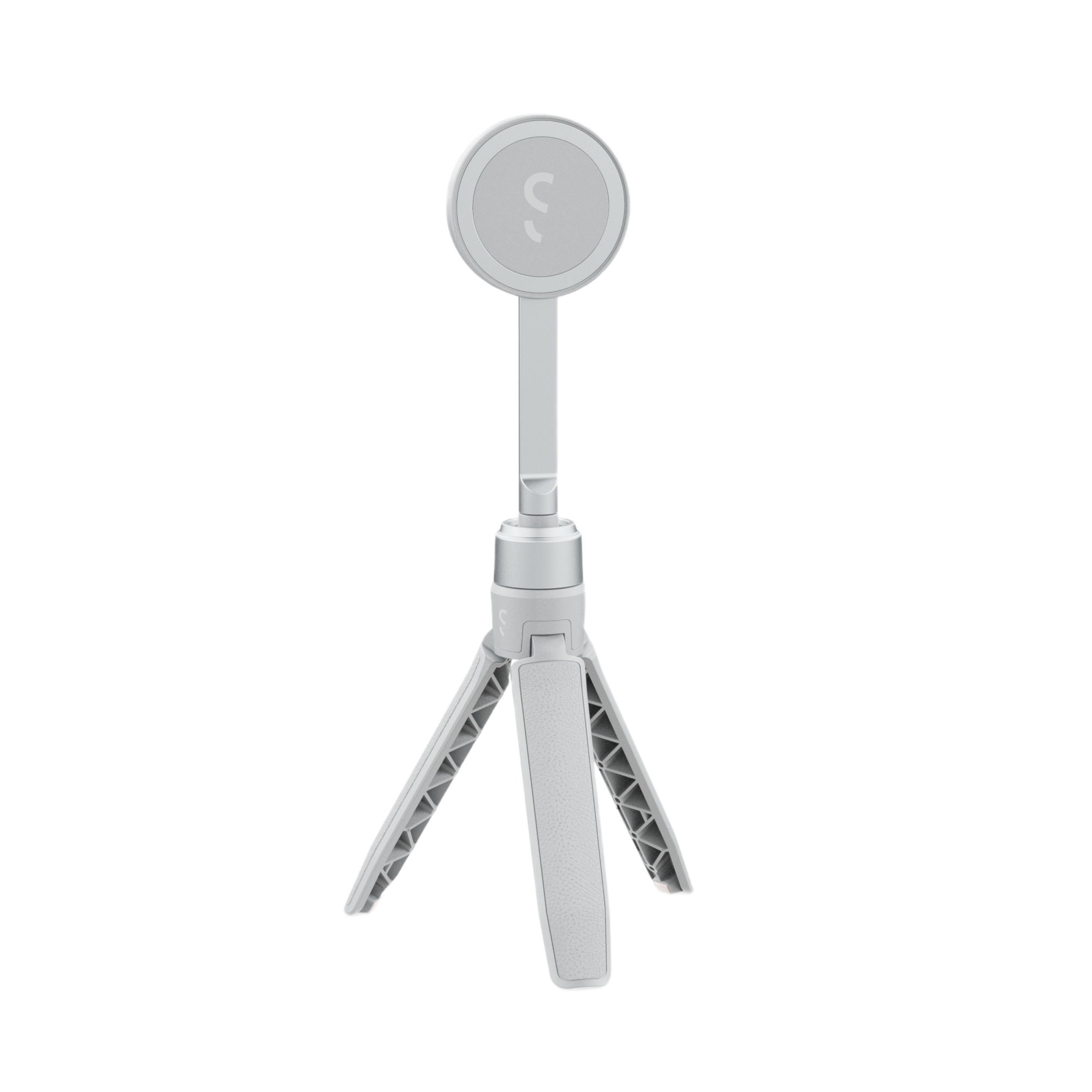 Beyaz bir arka plan üzerinde izole edilmiş, bir telefon tutuculu beyaz bir mini tripod.