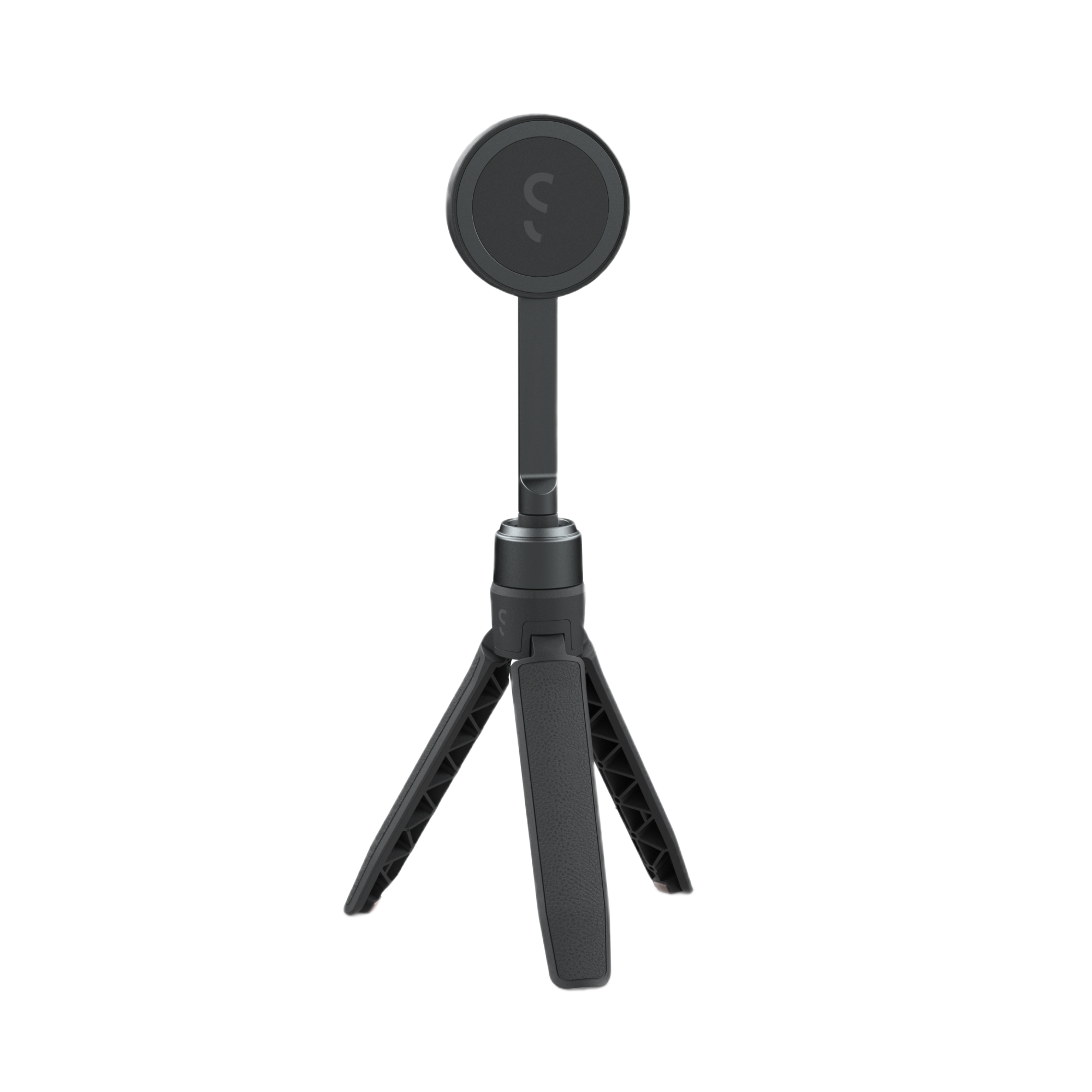 Üstte telefon tutucusu olan siyah bir tripod, beyaz arka plan.
