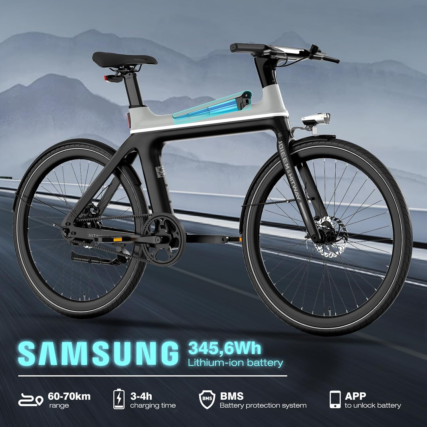 Una bicicleta eléctrica con una batería grande, mostrada sobre un fondo.