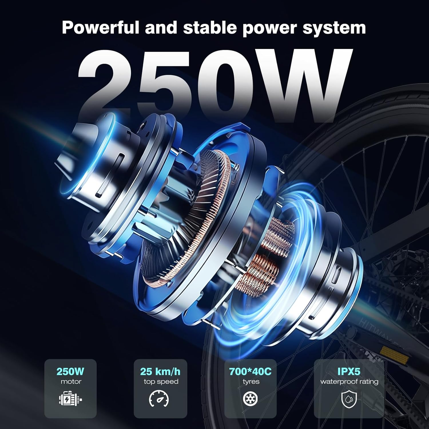 Un motor con luces azules y texto, '250W'. El fondo es una rueda de bicicleta.