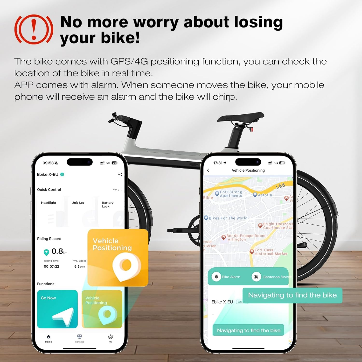 Material promocional sobre una bicicleta. Muestra una bicicleta, dos teléfonos que muestran un mapa y una app.