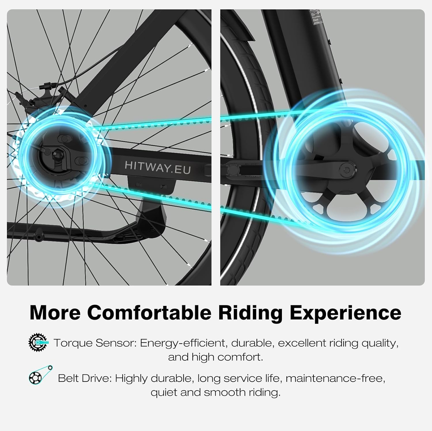 Primer plano de una rueda de bicicleta eléctrica y sistema de transmisión.
