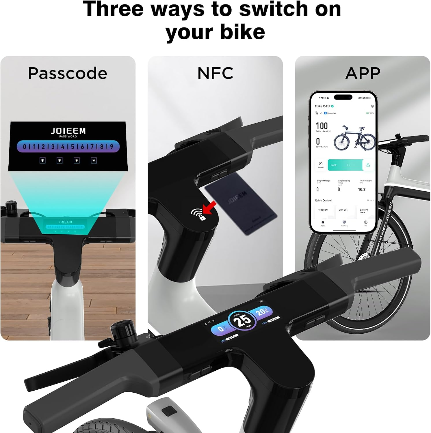 Manillar de bicicleta con pantalla digital y 3 opciones de encendido.