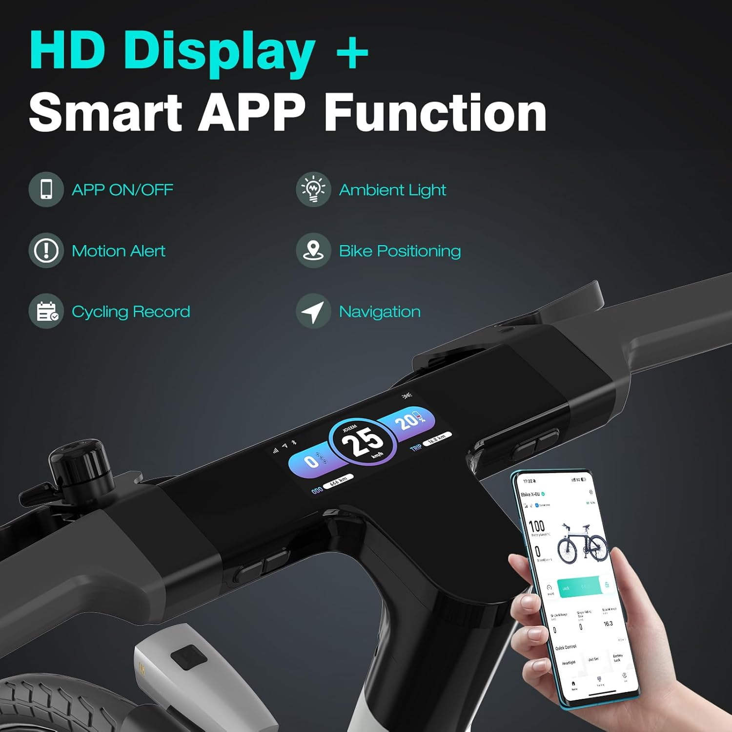 Scooter eléctrico con pantalla que muestra velocidad, batería y funciones de la app.