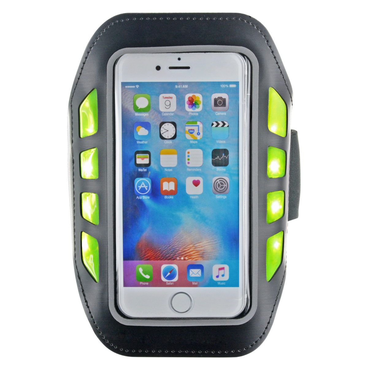 Armband mit Telefon mit angezeigten Apps. Grüne Akzente und die Uhrzeit 9:41 sind sichtbar.
