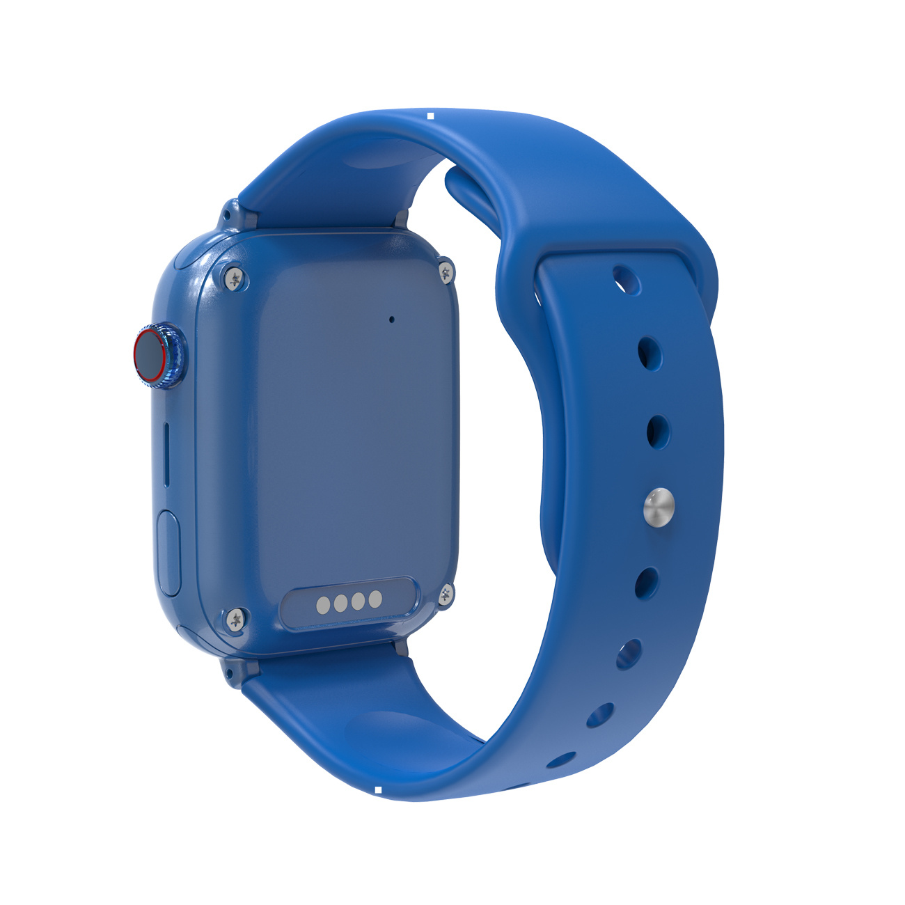 Niebieski smartwatch z niebieskim paskiem. Tył ma czujniki i punkty ładowania. Białe tło.