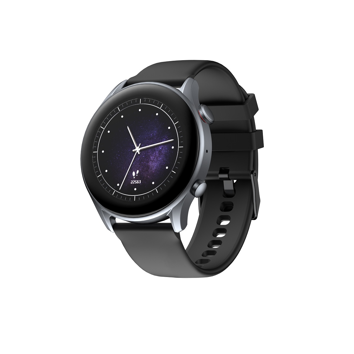 Srebrny smartwatch z czarnym paskiem, wyświetlający gwiaździste niebo na ekranie.