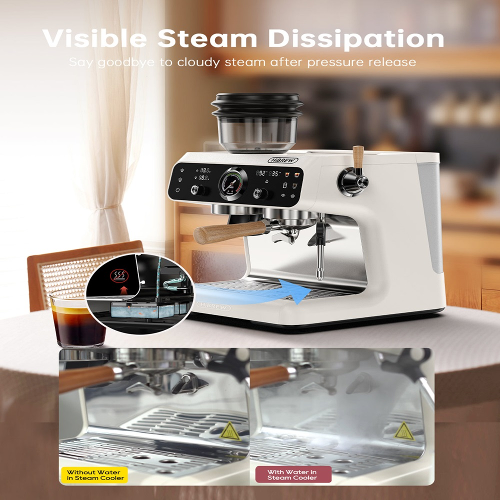 Máquina de espresso con vapor. Máquina blanca con detalles de madera. Taza de café a la izquierda.