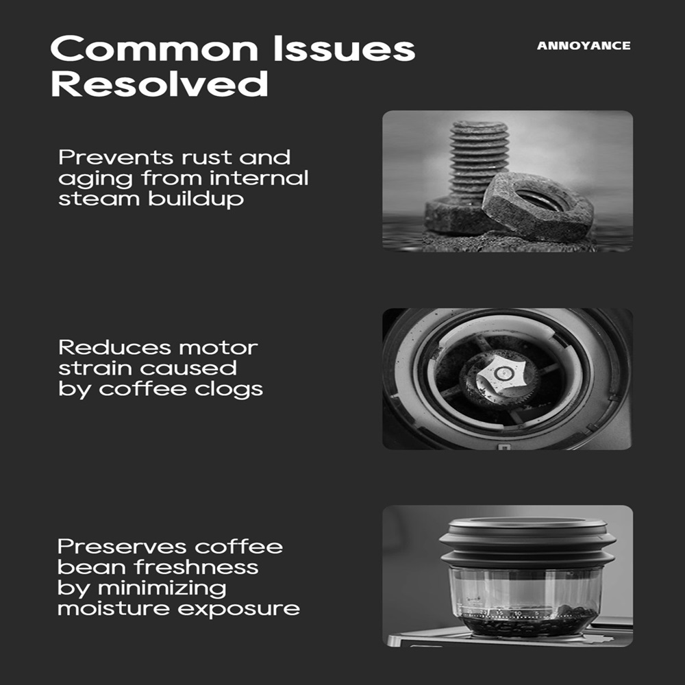 Imágenes de un perno y tuerca, partes de molinillo de café y granos de café con texto sobre problemas resueltos.