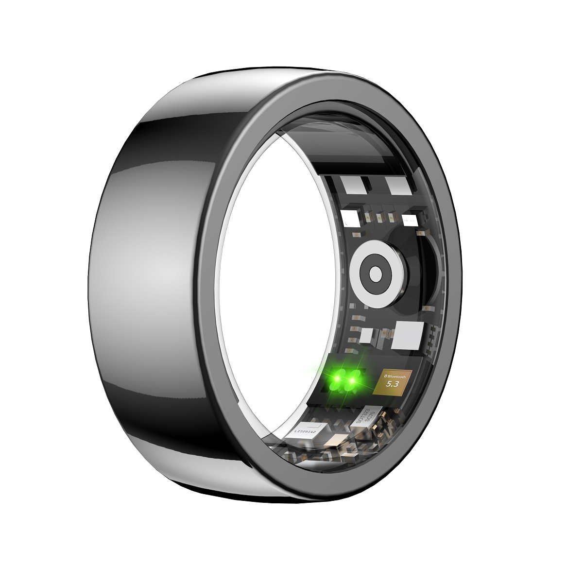 Silberner intelligenter Ring. Die Innenseite zeigt eine Platine mit grünen Lichtern und der Zahl 5.3.