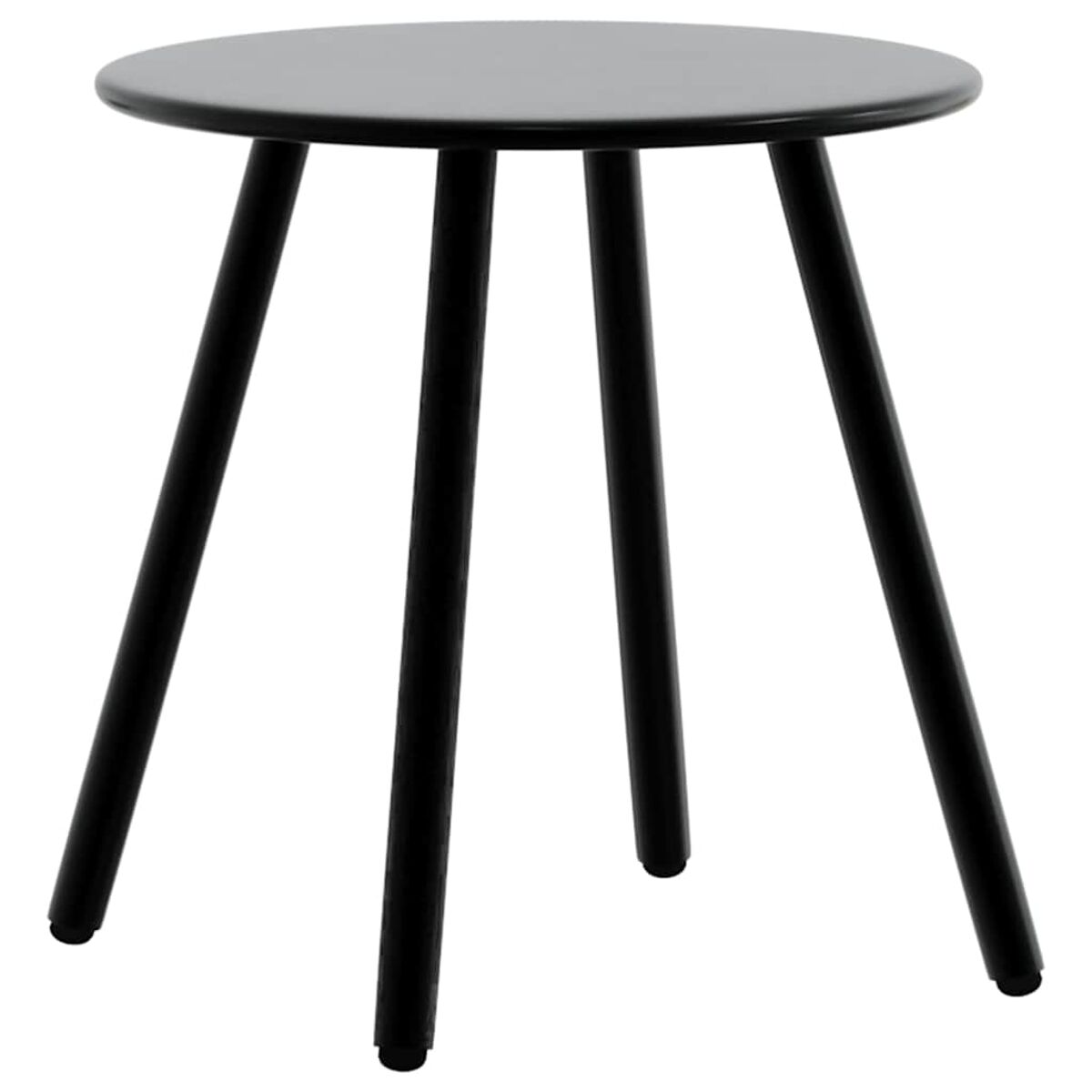 Tavolino rotondo nero con tre gambe nere. Design minimalista, linee pulite.
