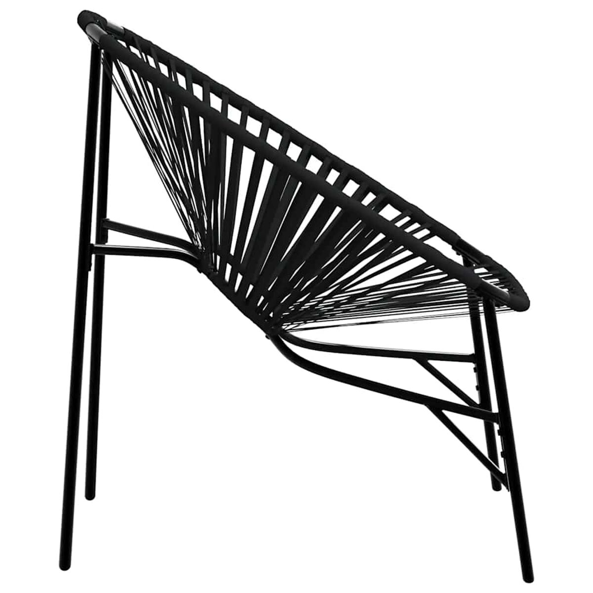 Schwarzer Metallstuhl mit rundem, gewebtem Sitz. Der Stuhl hat ein minimalistisches Design.