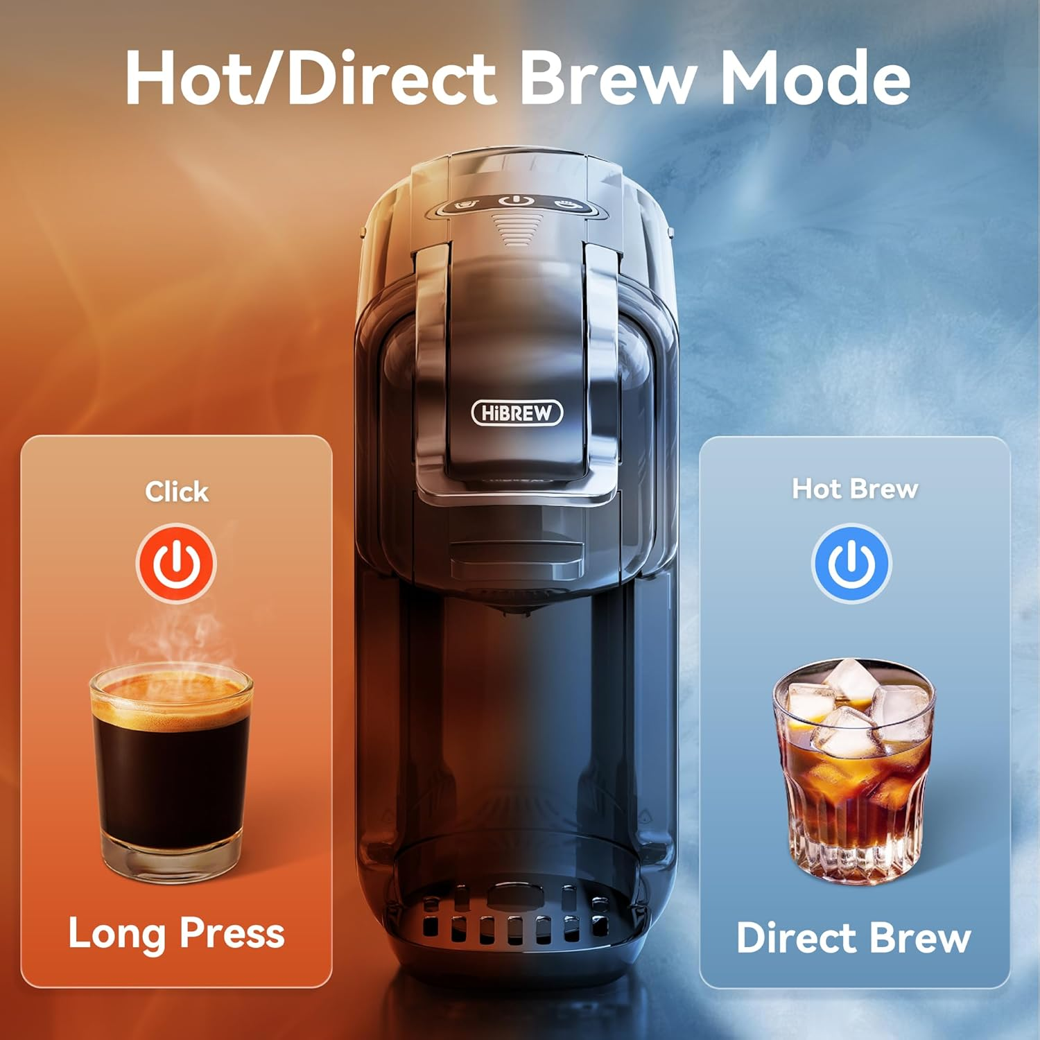 Eine Kaffeemaschine mit Heiß-/Direktbrühmodus, die einen Espresso und Eiskaffee zeigt, mit beschrifteten Knöpfen.