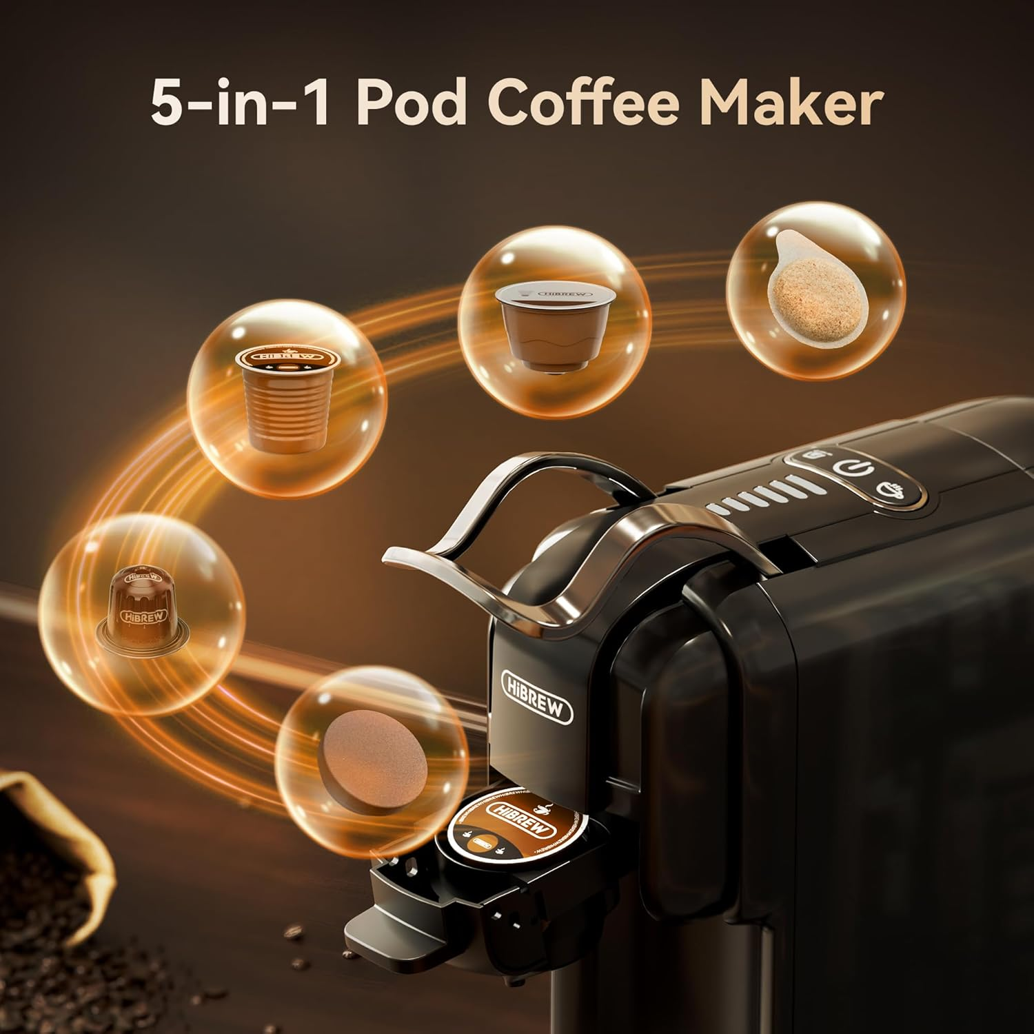 5-in-1 Kaffeemaschine mit Kapseln und Kaffeebohnen, schwarzes und stilvolles Design.