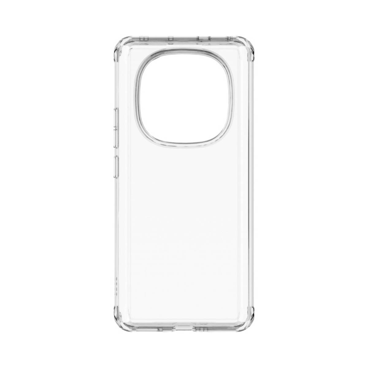 Custodia trasparente per telefono con foro per fotocamera. È trasparente e protegge il telefono.